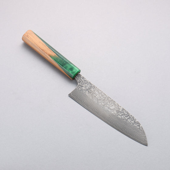 Yoshimi Kato SG2 Black Damascus Santoku  170mm Olive Tree and Green Resin Handle - Seisuke Knife