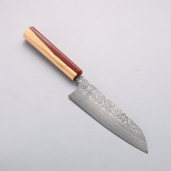 Yoshimi Kato SG2 Black Damascus Santoku  170mm Olive Tree and Red Resin Handle - Seisuke Knife