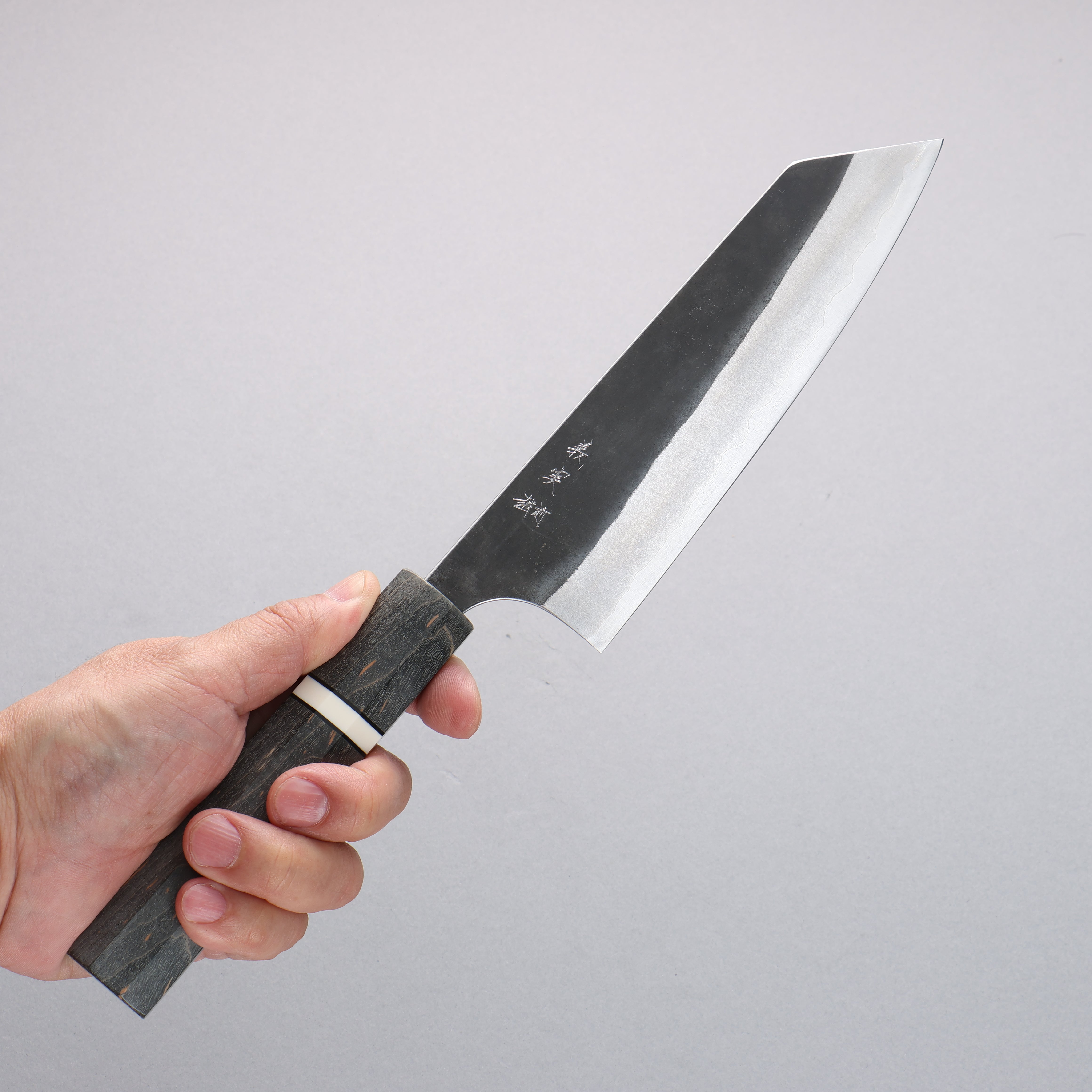 Yoshimi Kato Blue Super Black Finished Bunka 170mm Gray Stabilized Wood (White Ring) Handle - Seisuke Knife