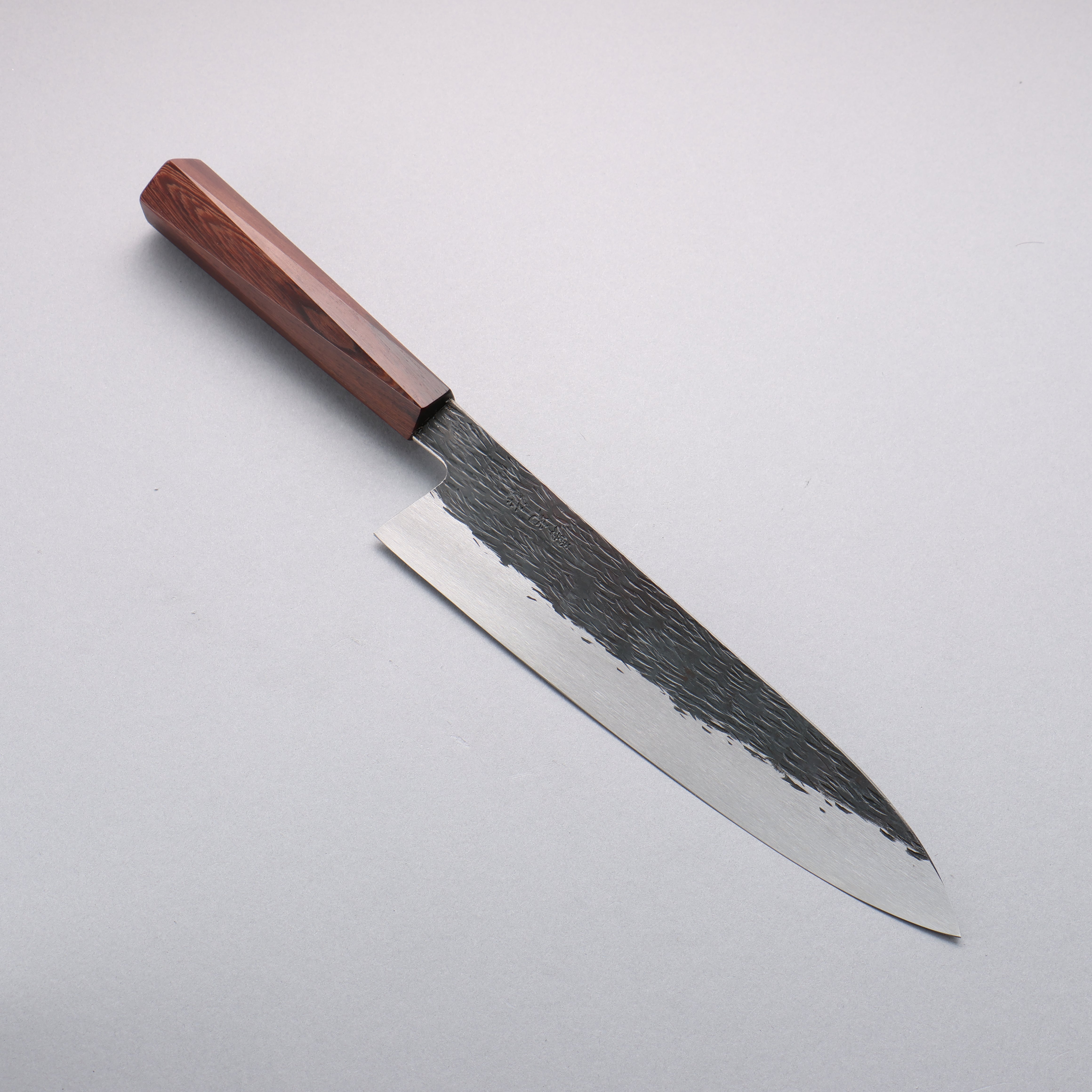 Isamitsu Abe Blue Super Hammered Black Finished Gyuto 240mm Pentagonal Purple Bombay Black Wood Handle - Seisuke Knife