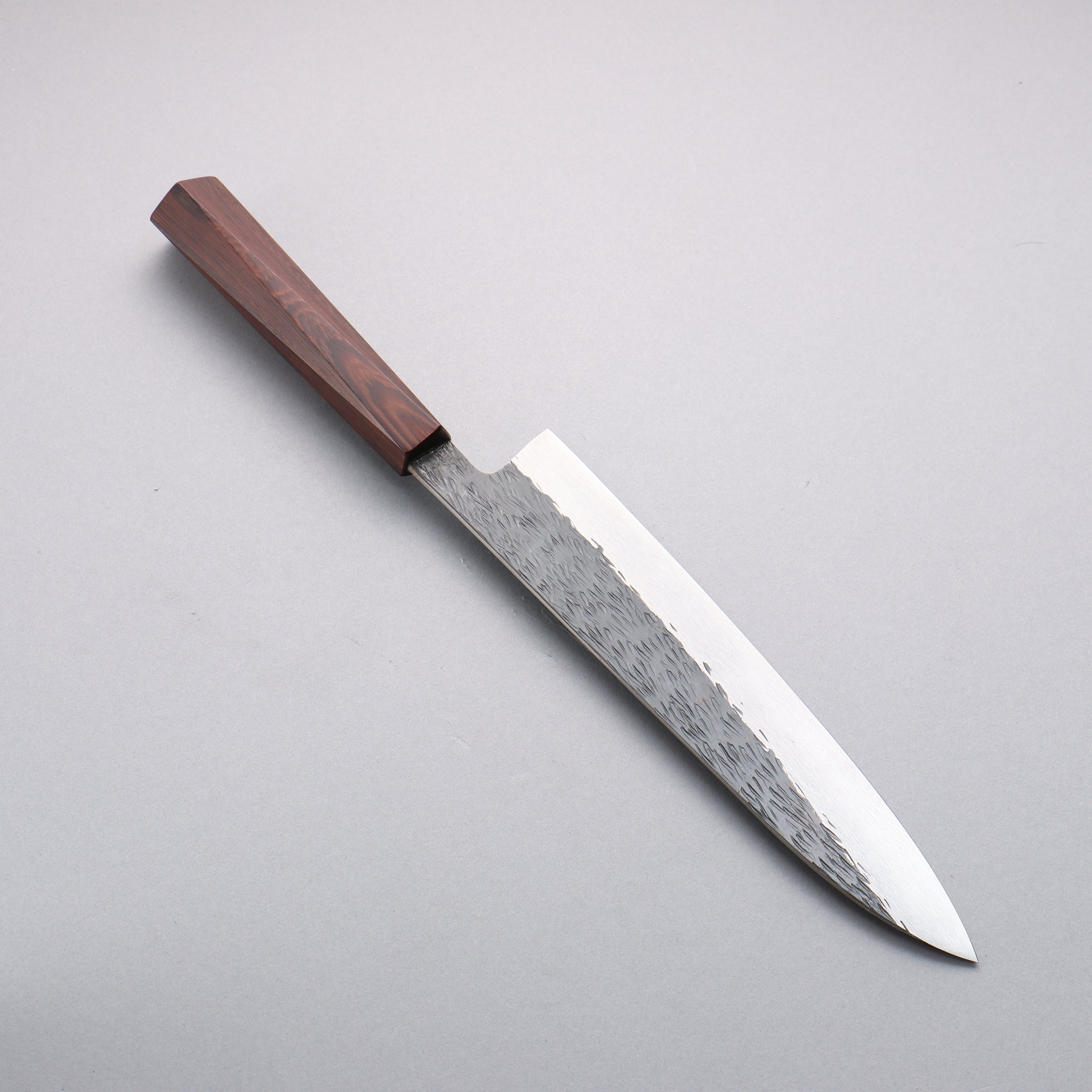 Isamitsu Abe Blue Super Hammered Black Finished Gyuto 240mm Pentagonal Purple Bombay Black Wood Handle - Seisuke Knife