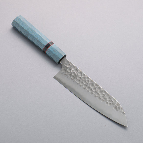 Yoshimi Kato Blue Super Nashiji Hammered(Maru) Santoku 170mm Blue Stabilized Wood (With Black Ring) Handle - Seisuke Knife