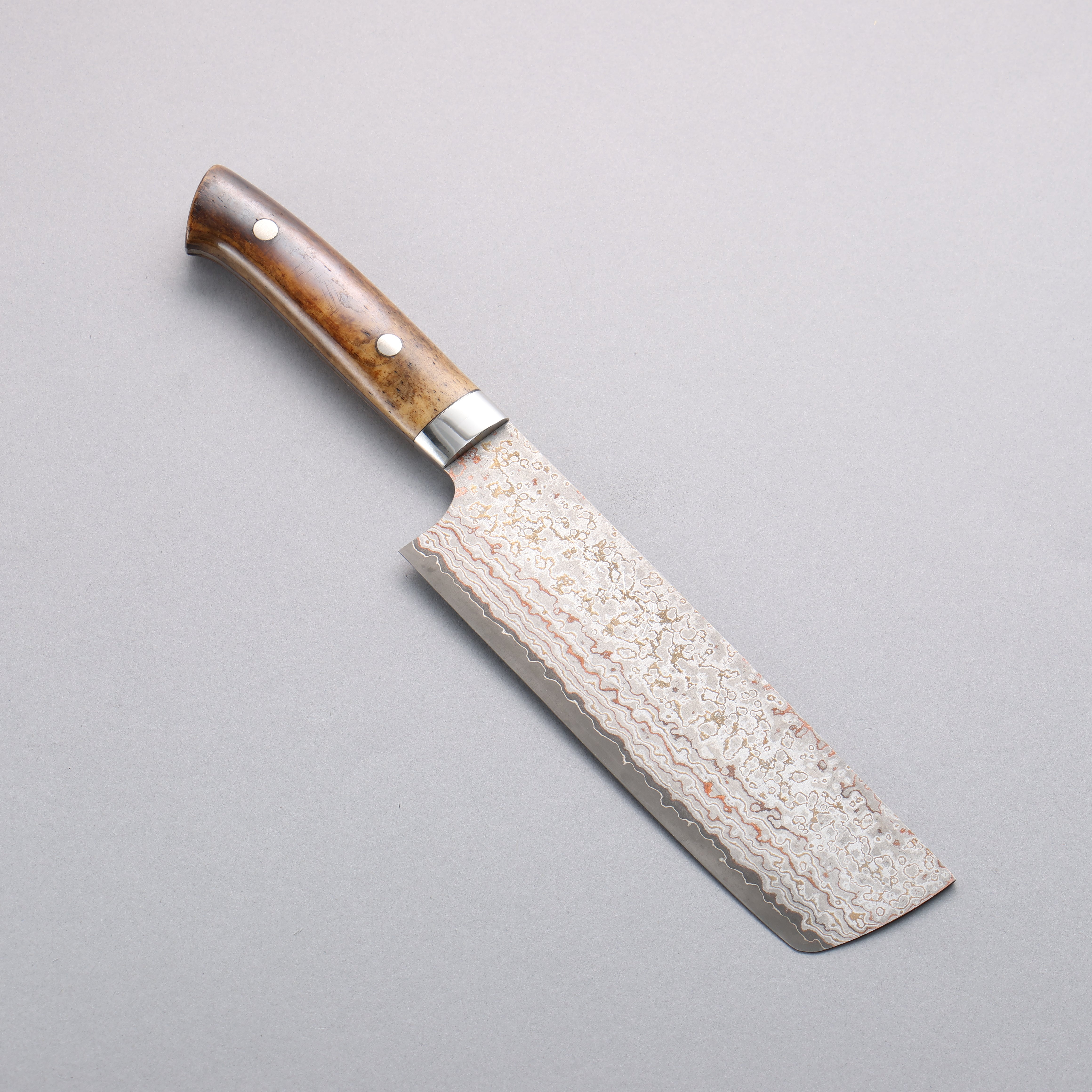 Takeshi Saji VG10w Colored Damascus Nashiji Nakiri 165mm Brown Cow Bone Handle - Seisuke Knife