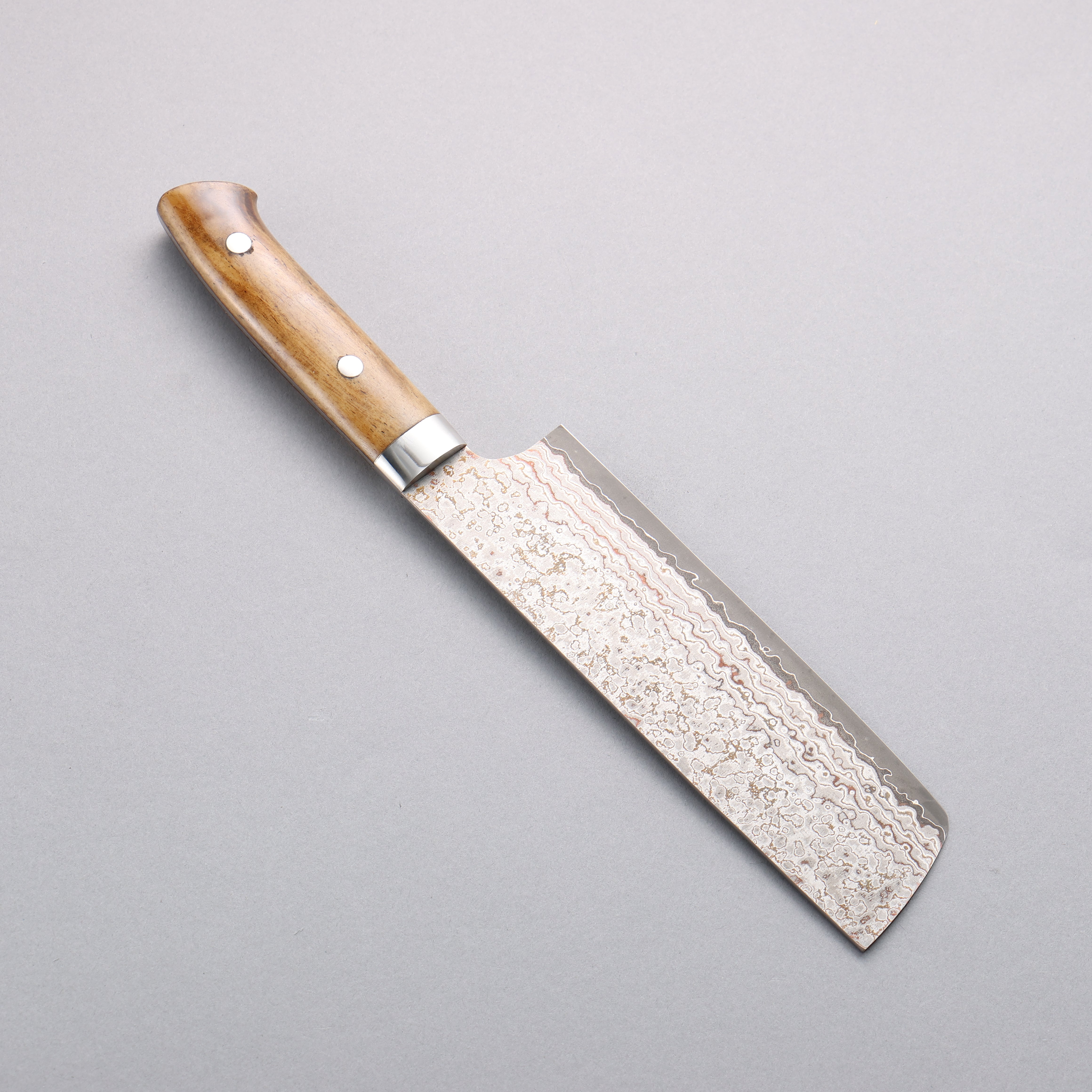 Takeshi Saji VG10w Colored Damascus Nashiji Nakiri 165mm Brown Cow Bone Handle - Seisuke Knife
