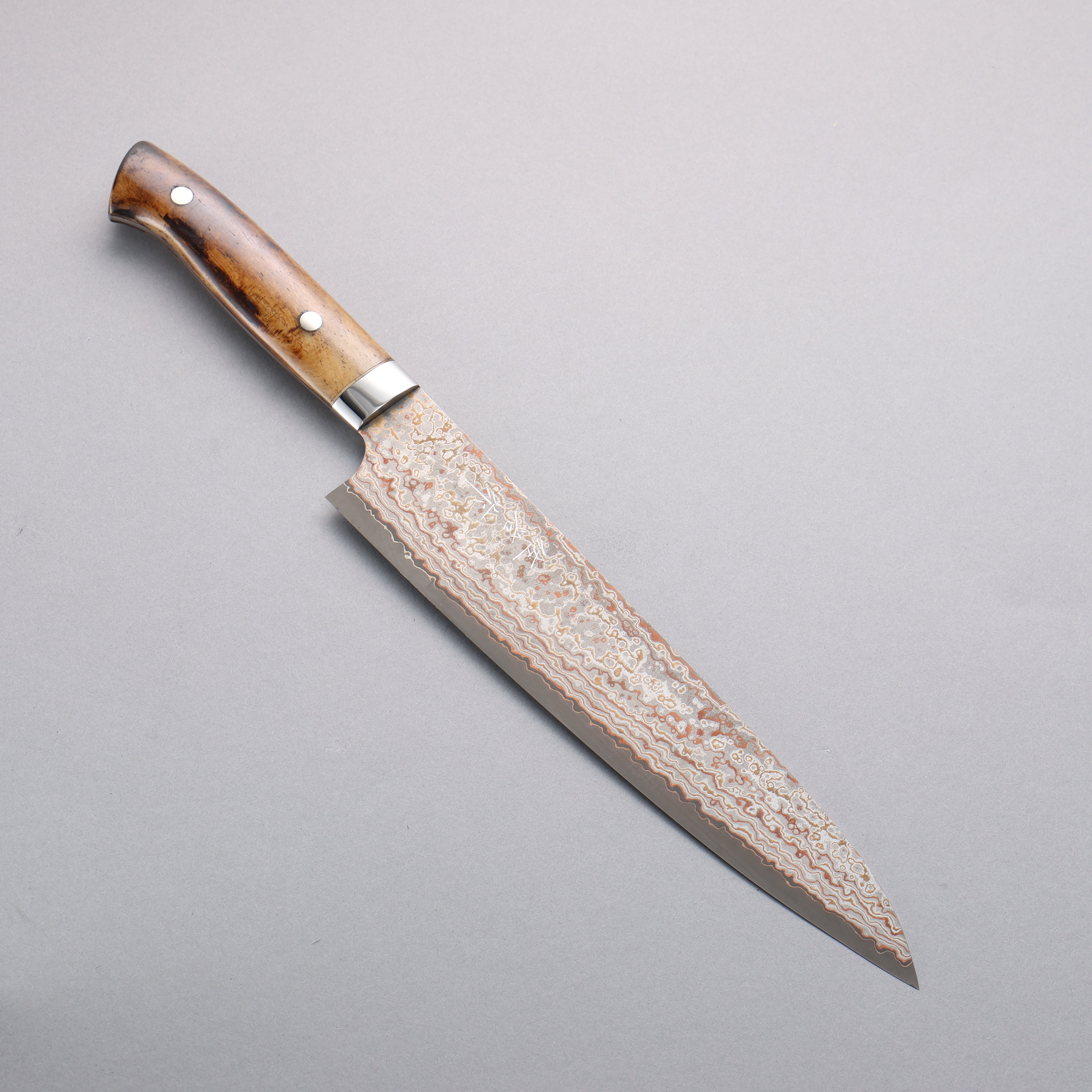 Takeshi Saji VG10w Colored Damascus Nashiji Gyuto 240mm Brown Cow Bone Handle - Seisuke Knife