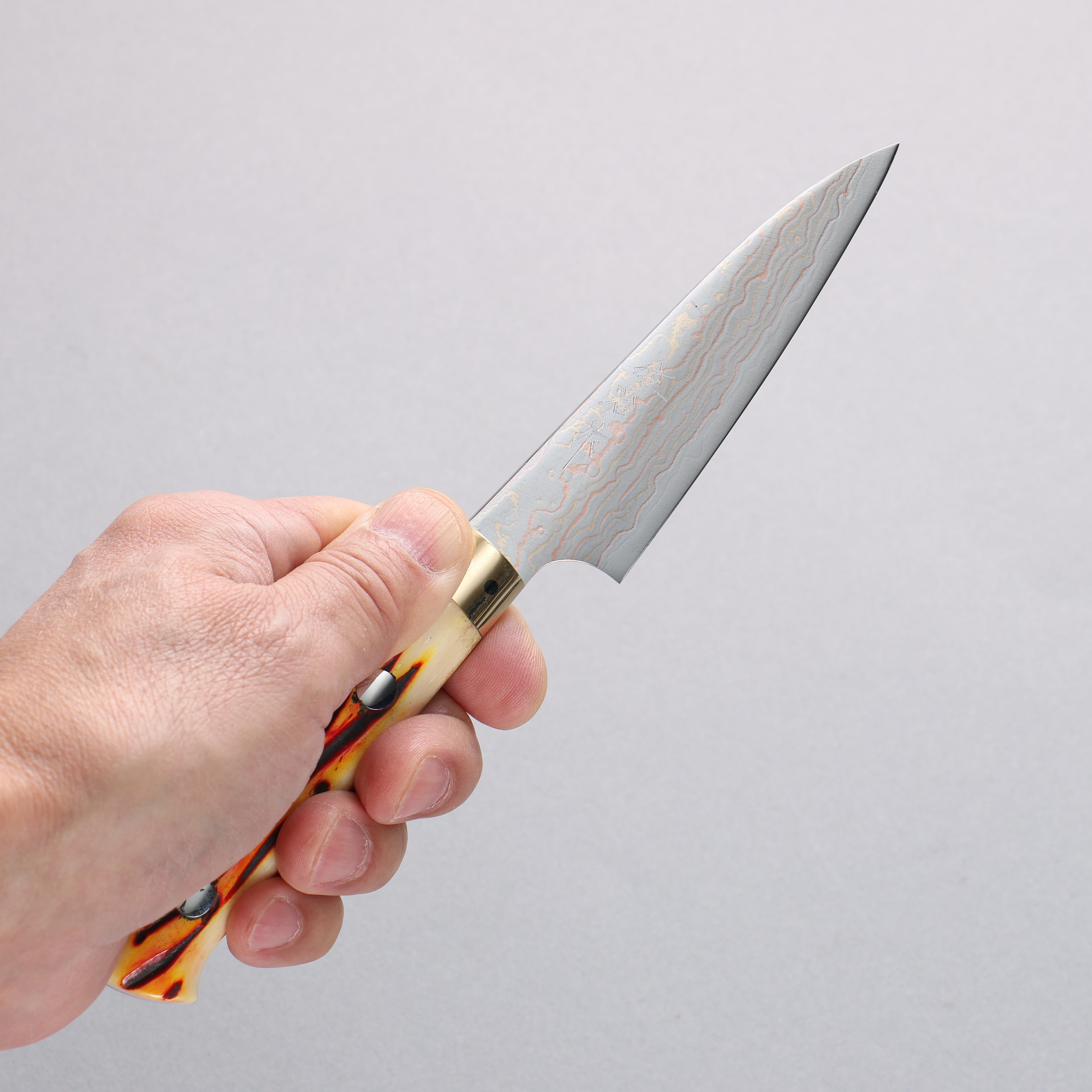 Takeshi Saji VG10w Colored Damascus Paring 90mm Orange Cow Bone Handle - Seisuke Knife