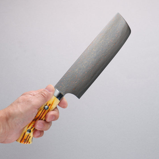 Takeshi Saji VG10w Colored Damascus Nakiri 165mm Orange Cow Bone Handle - Seisuke Knife