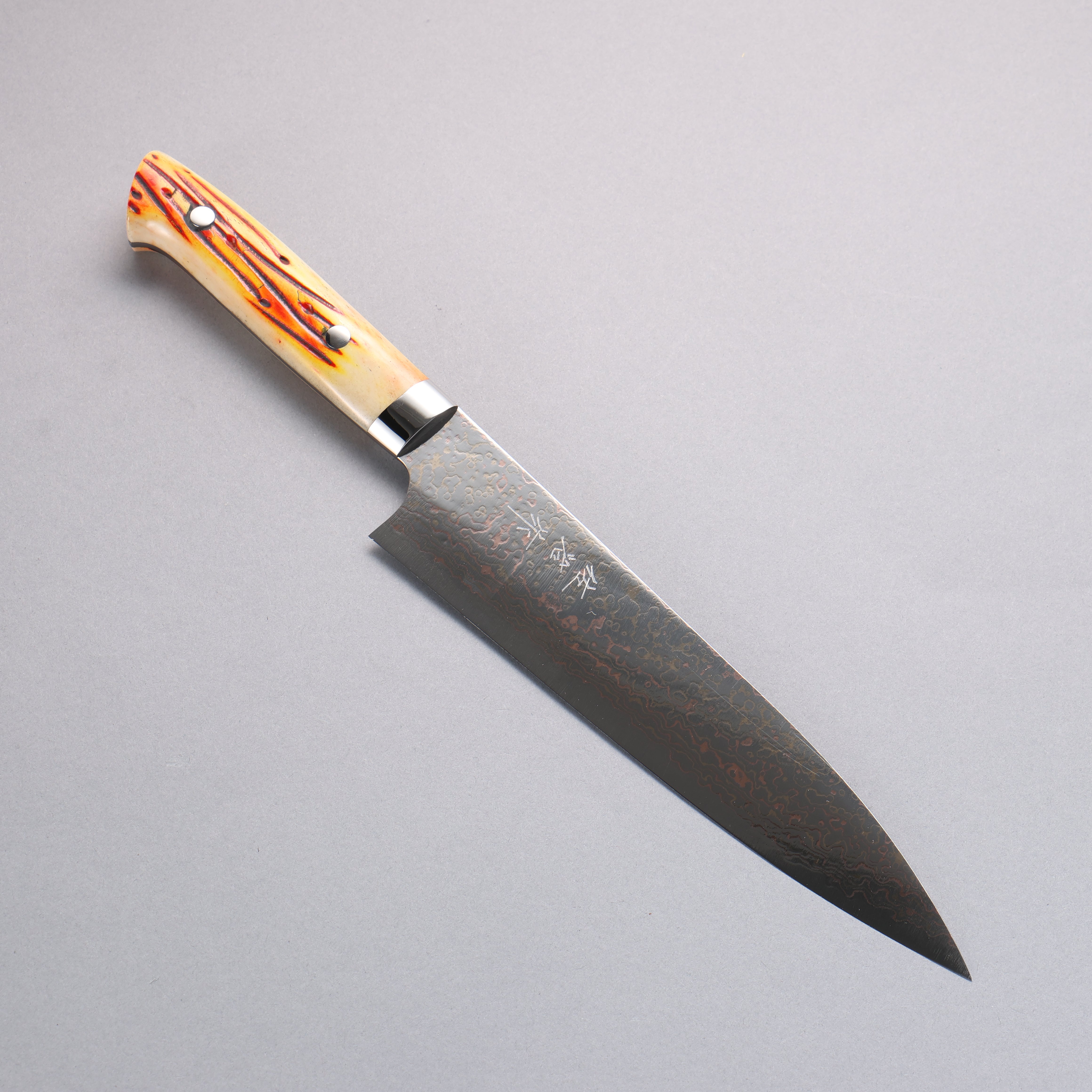 Takeshi Saji VG10w Colored Damascus Gyuto 210mm Orange Cow Bone Handle - Seisuke Knife
