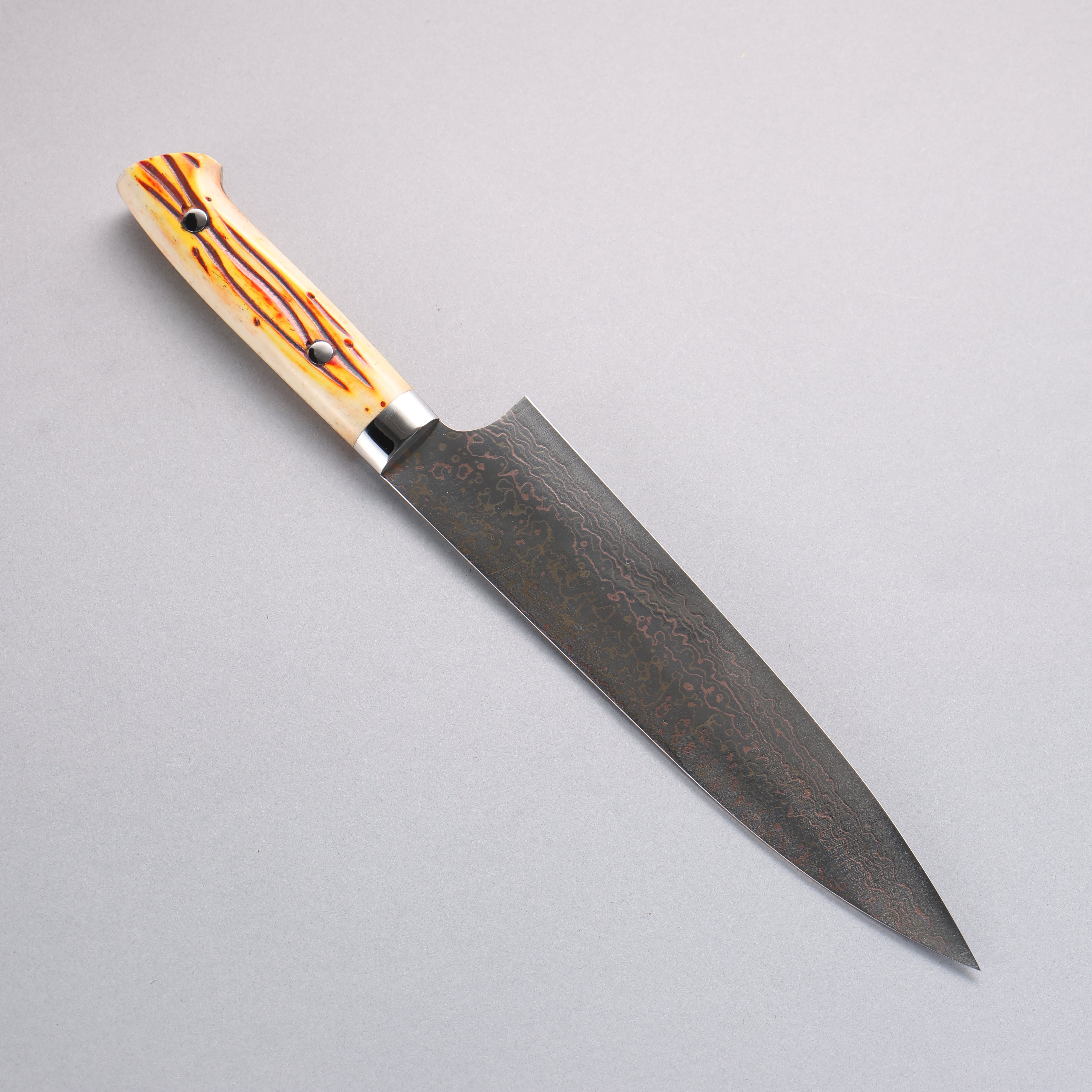 Takeshi Saji VG10w Colored Damascus Gyuto 210mm Orange Cow Bone Handle - Seisuke Knife
