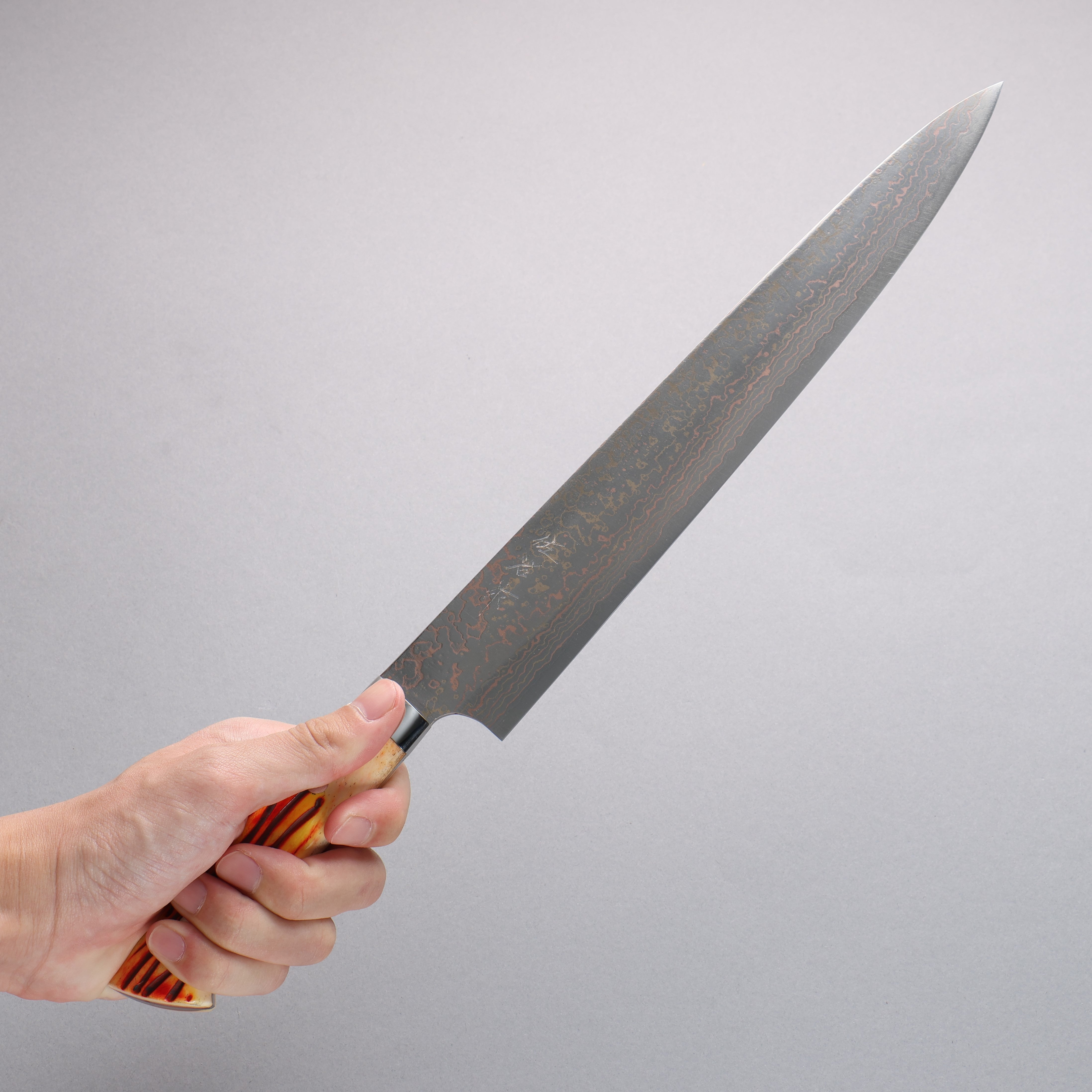 Takeshi Saji VG10w Colored Damascus Sujihiki 270mm Orange Cow Bone Handle - Seisuke Knife