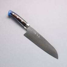  Takeshi Saji VG10w Colored Damascus Santoku 180mm Pine Cone and Blue Acrylic Handle - Seisuke Knife