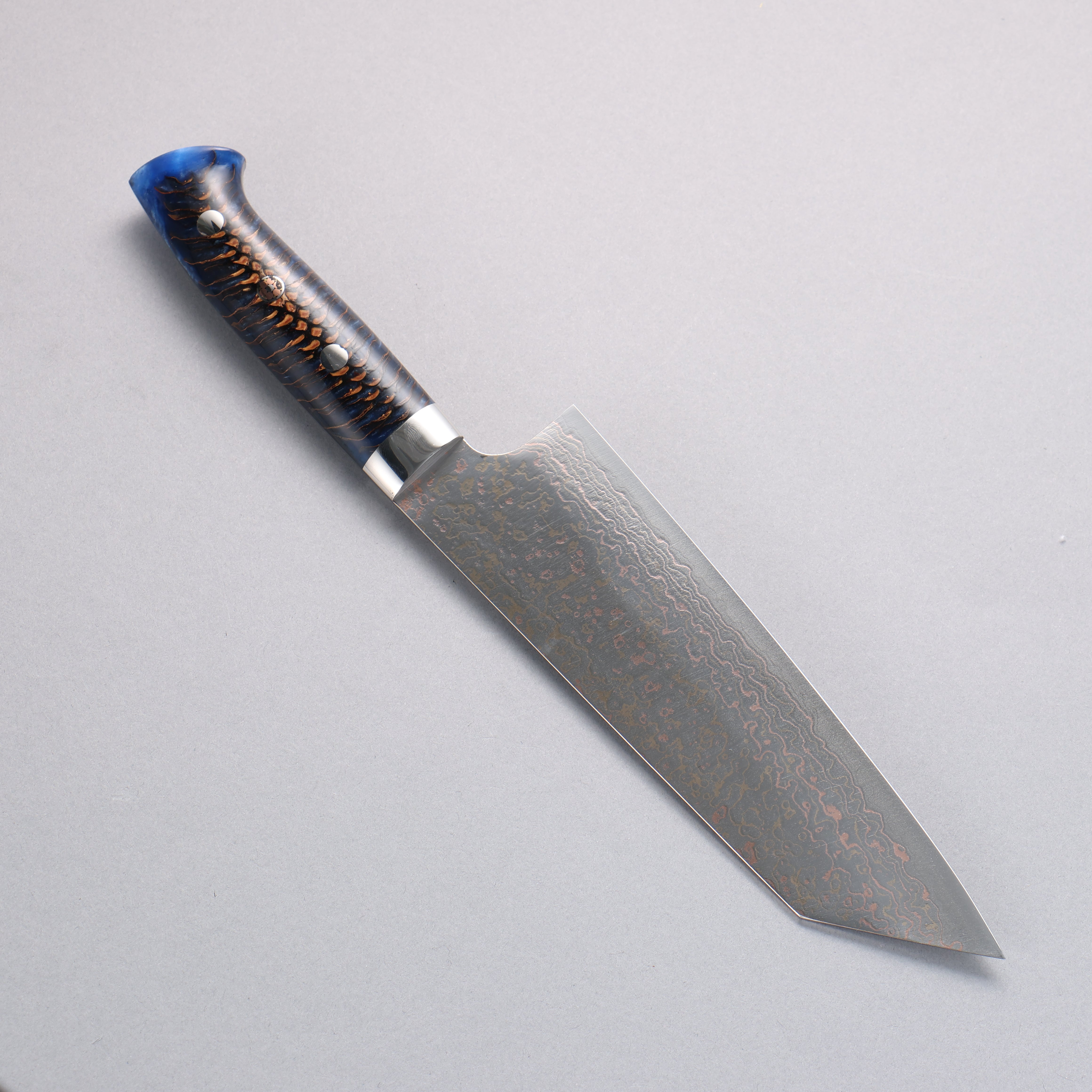 Takeshi Saji VG10w Colored Damascus Bunka 180mm Pine Cone and Blue Acrylic Handle - Seisuke Knife