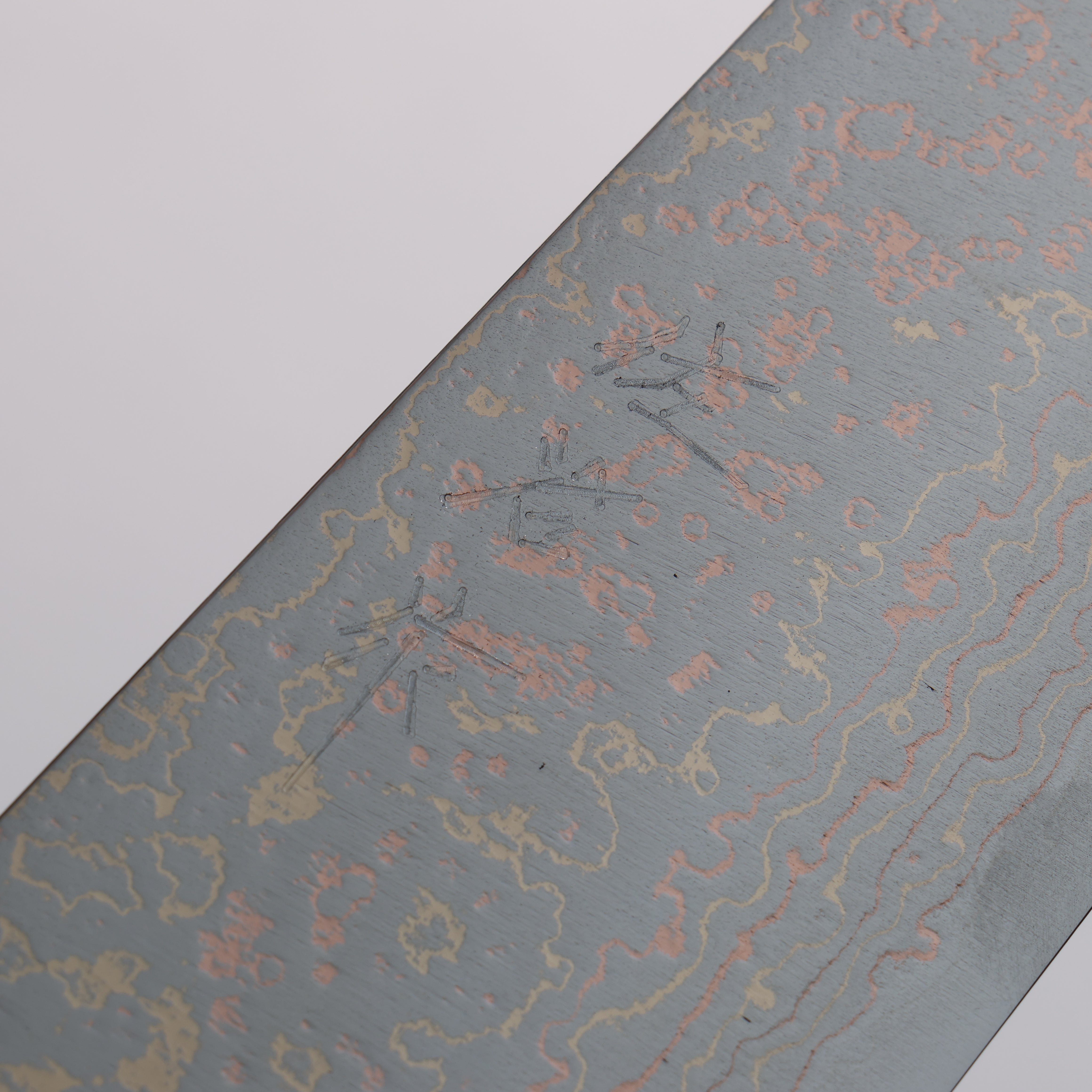 Takeshi Saji VG10w Colored Damascus Bunka 180mm Pine Cone and Blue Acrylic Handle - Seisuke Knife