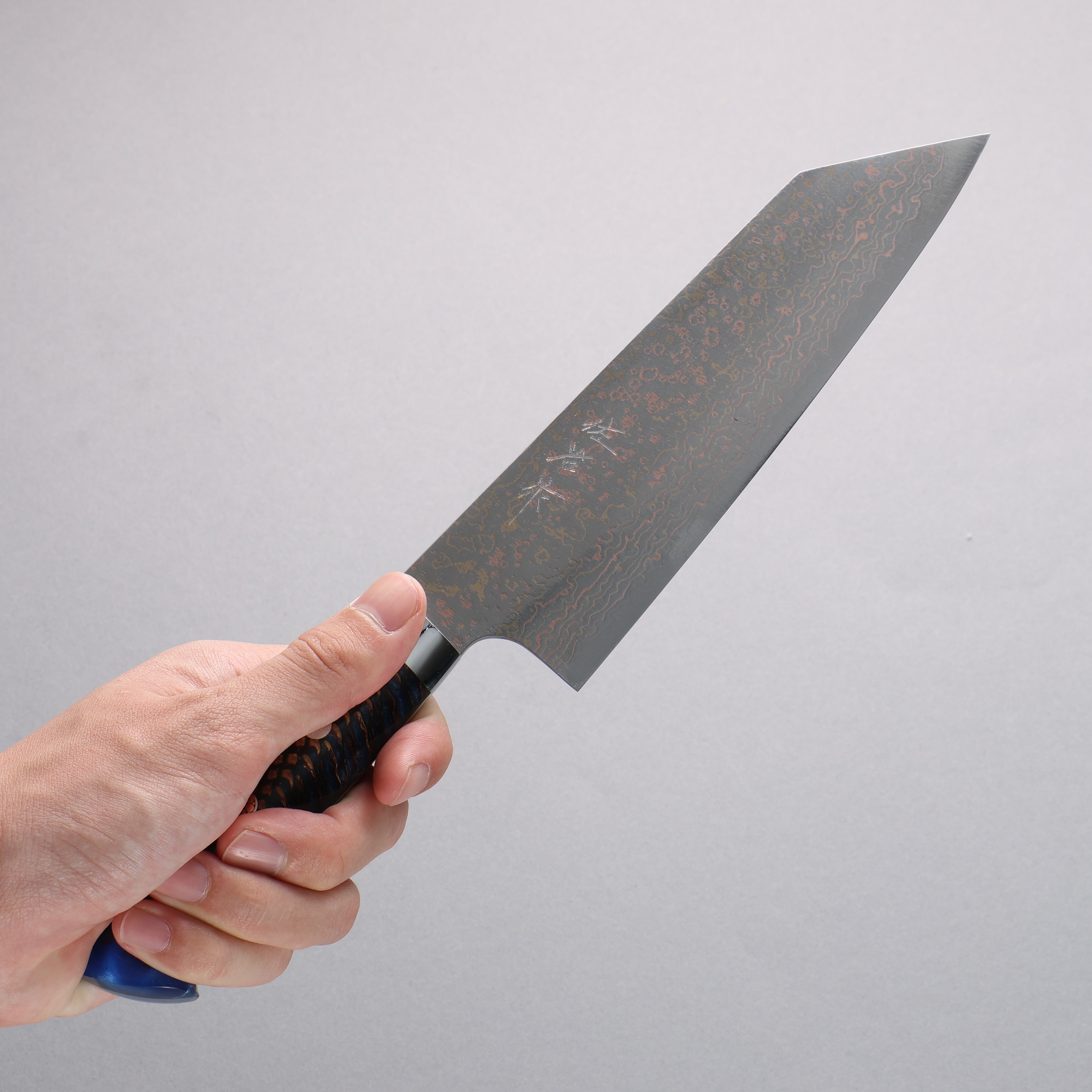 Takeshi Saji VG10w Colored Damascus Bunka 180mm Pine Cone and Blue Acrylic Handle - Seisuke Knife