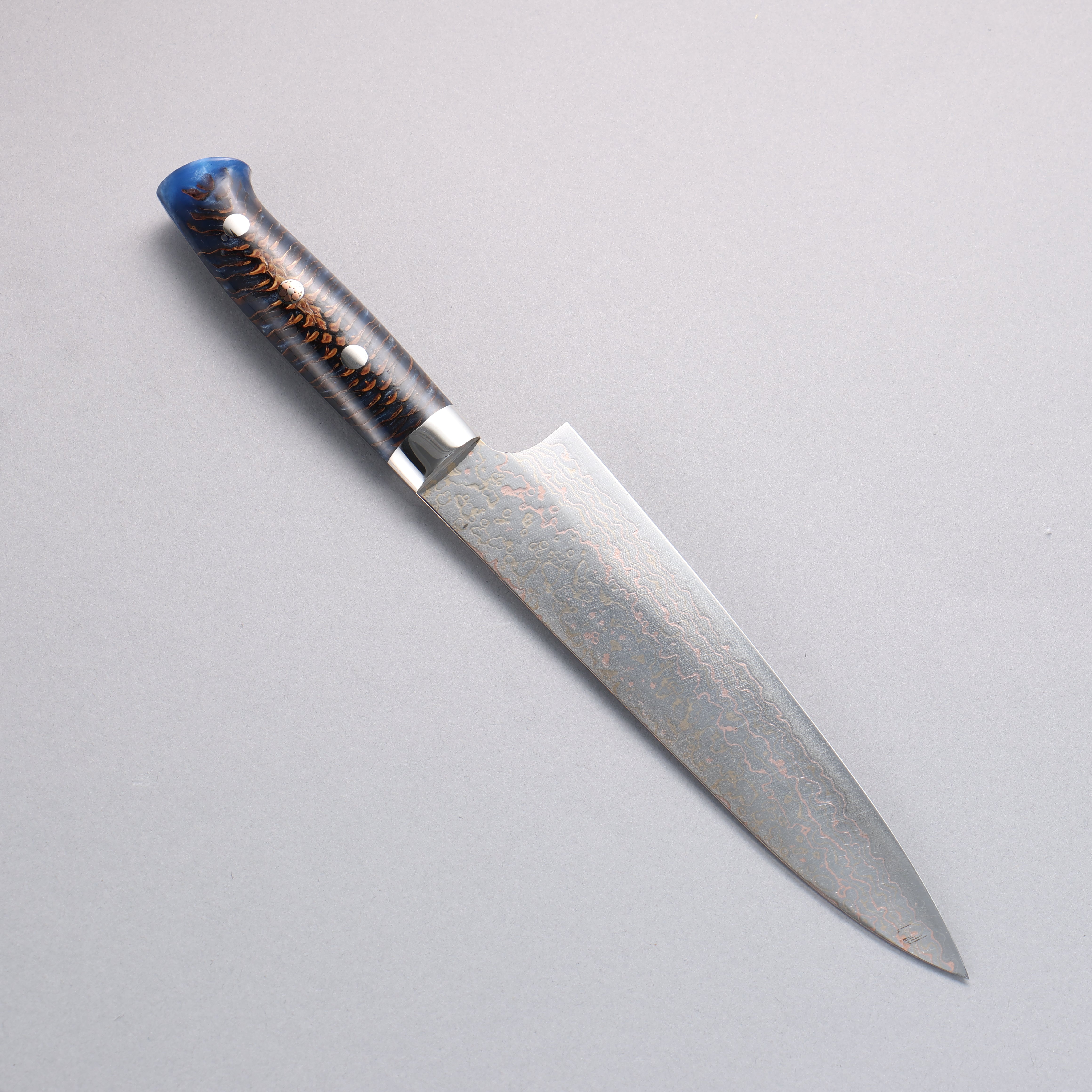 Takeshi Saji VG10w Colored Damascus Gyuto 180mm Pine Cone and Blue Acrylic Handle - Seisuke Knife