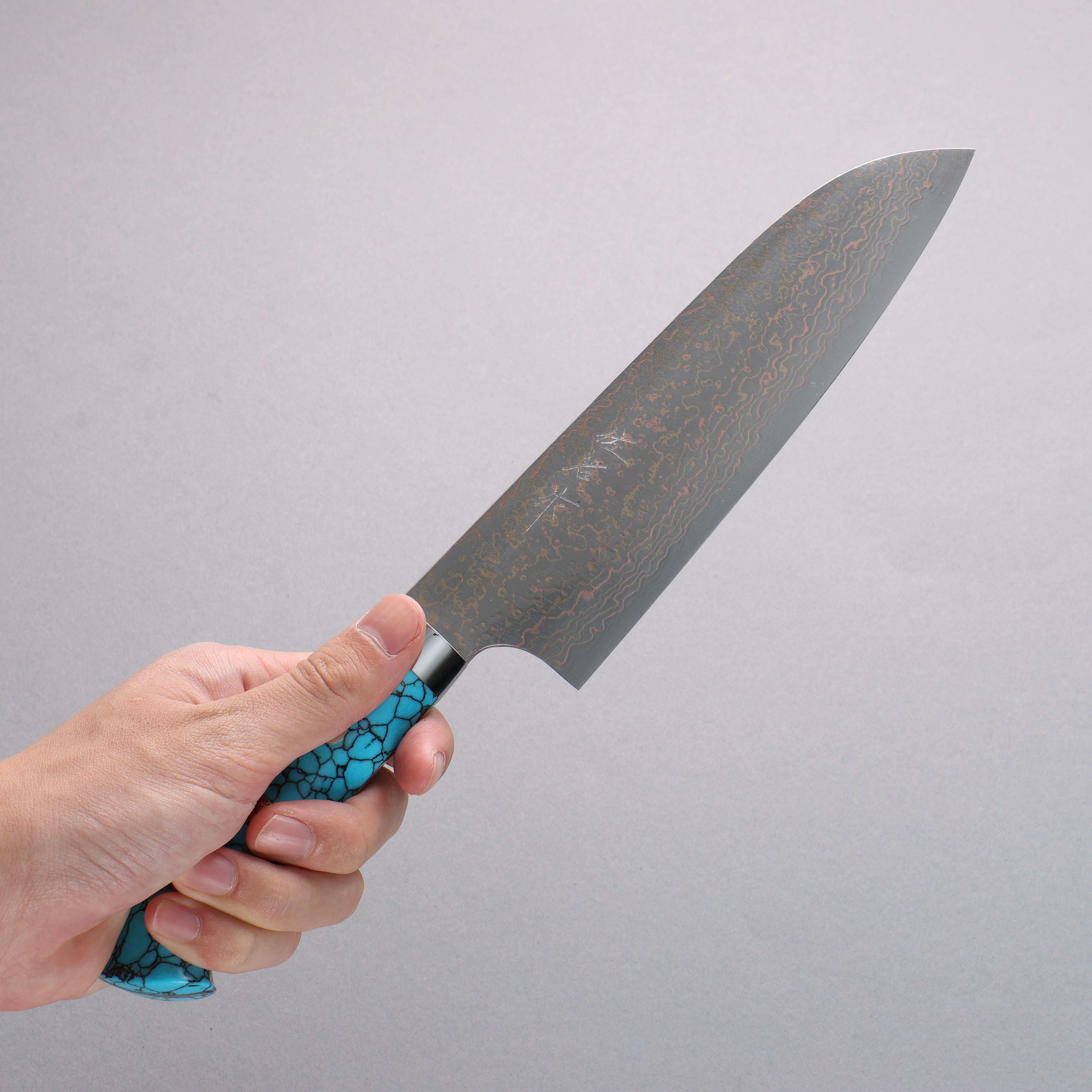 Takeshi Saji VG10w Colored Damascus Santoku 180mm Blue Turquoise Handle - Seisuke Knife