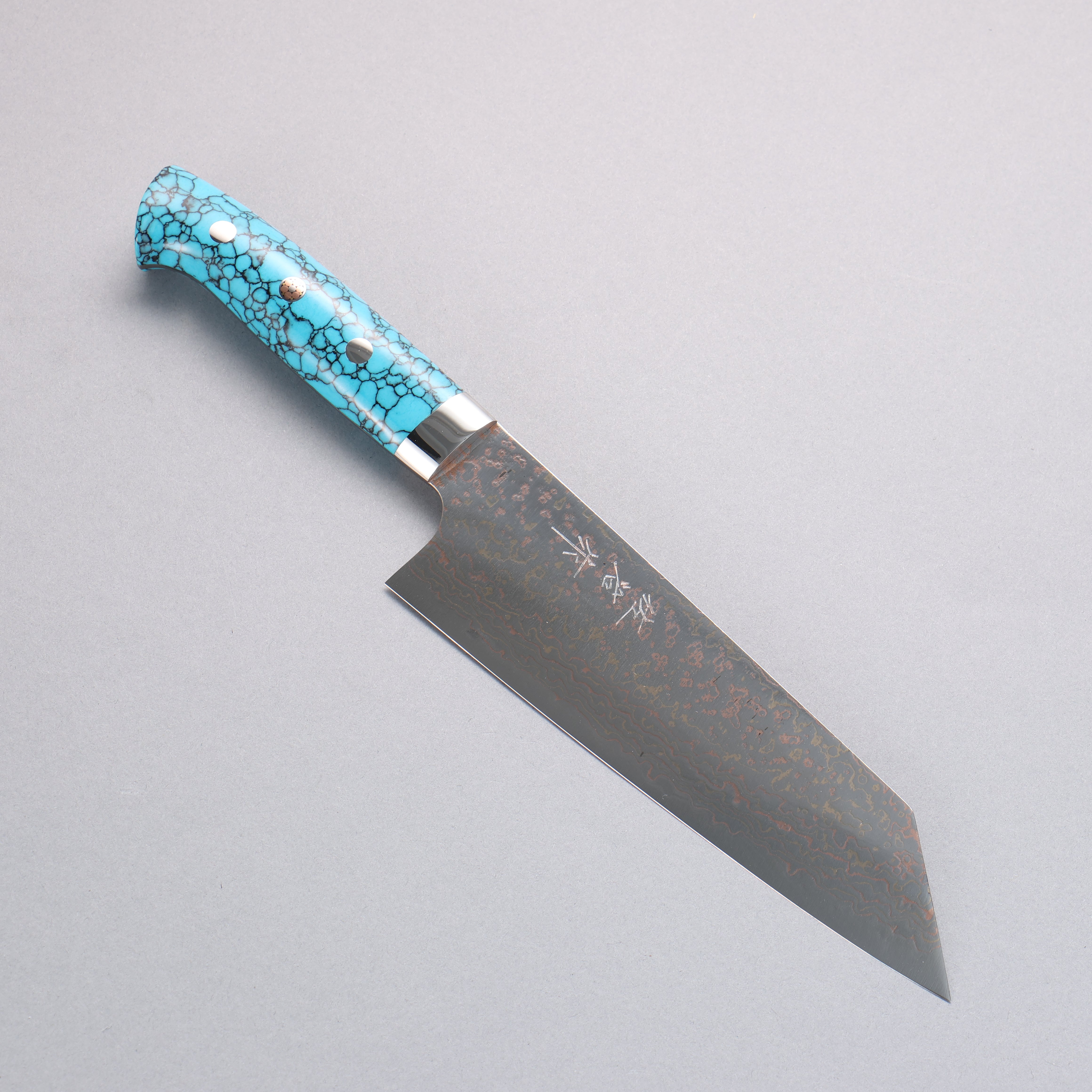 Takeshi Saji VG10w Colored Damascus Bunka 180mm Blue Turquoise Handle - Seisuke Knife