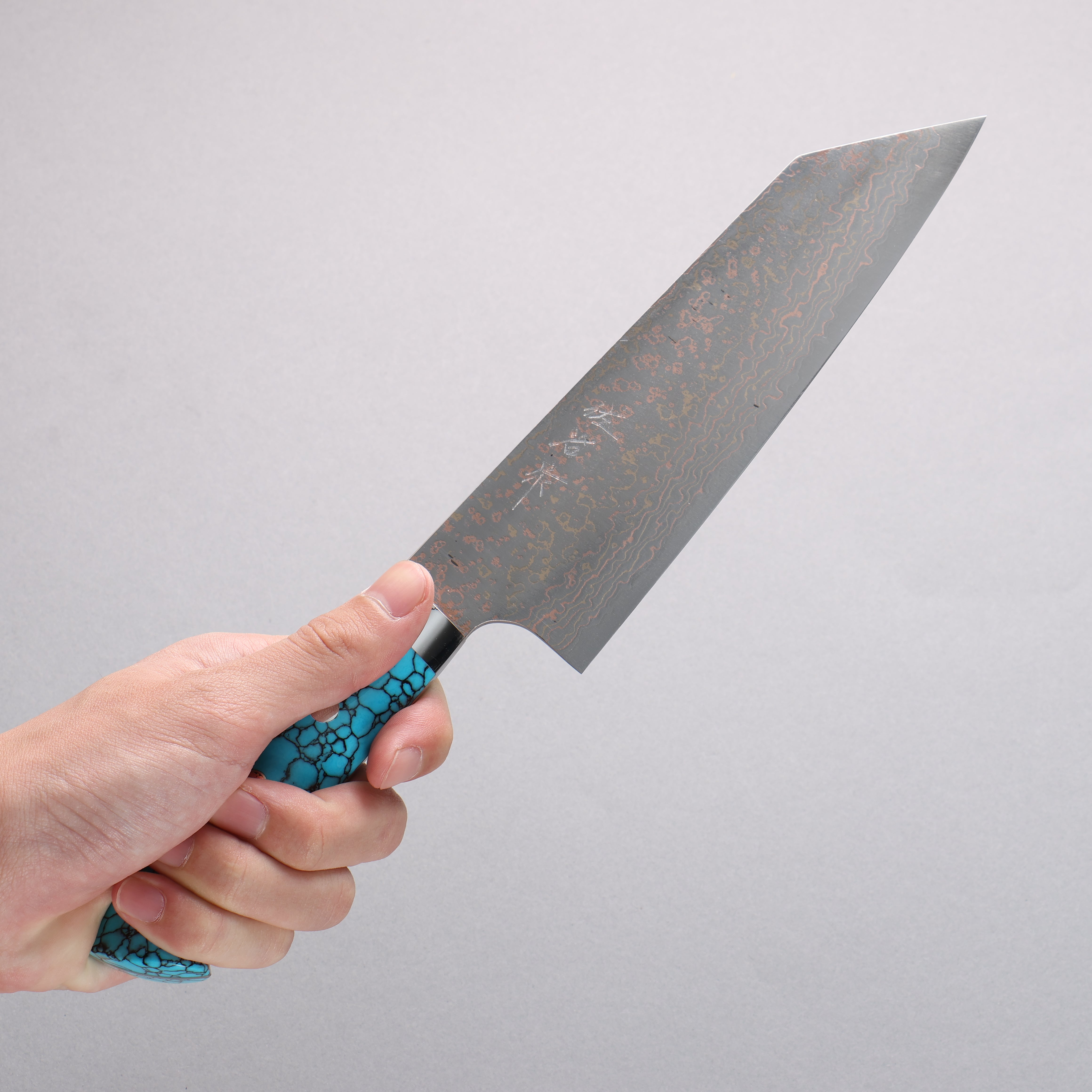 Takeshi Saji VG10w Colored Damascus Bunka 180mm Blue Turquoise Handle - Seisuke Knife
