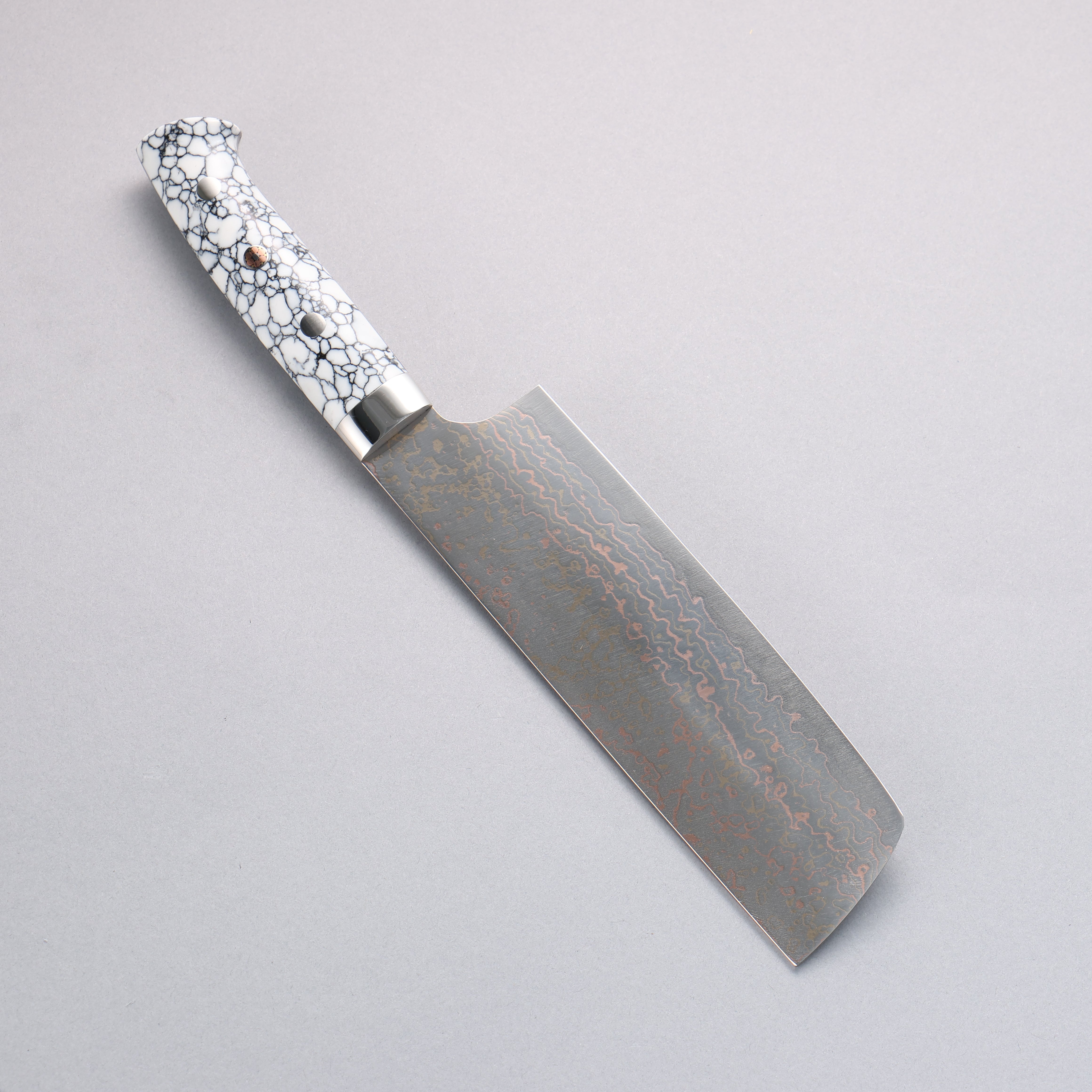 Takeshi Saji VG10w Colored Damascus Nakiri 165mm White Turquoise Handle - Seisuke Knife