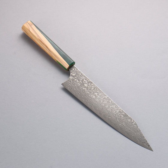 Yoshimi Kato SG2 Black Damascus Kiritsuke Gyuto 210mm Olive Tree and Green Resin Handle - Seisuke Knife