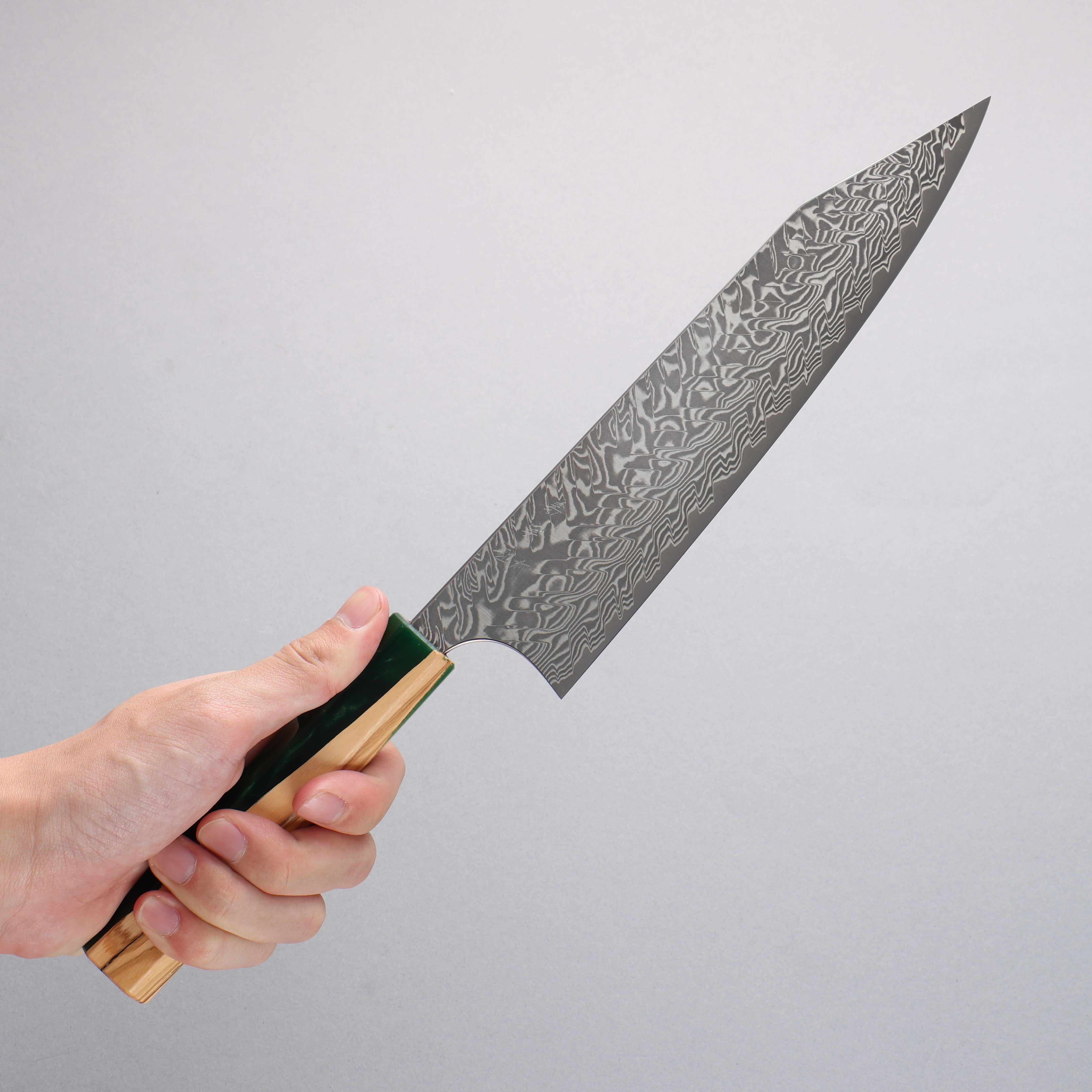 Yoshimi Kato SG2 Black Damascus Kiritsuke Gyuto 210mm Olive Tree and Green Resin Handle - Seisuke Knife