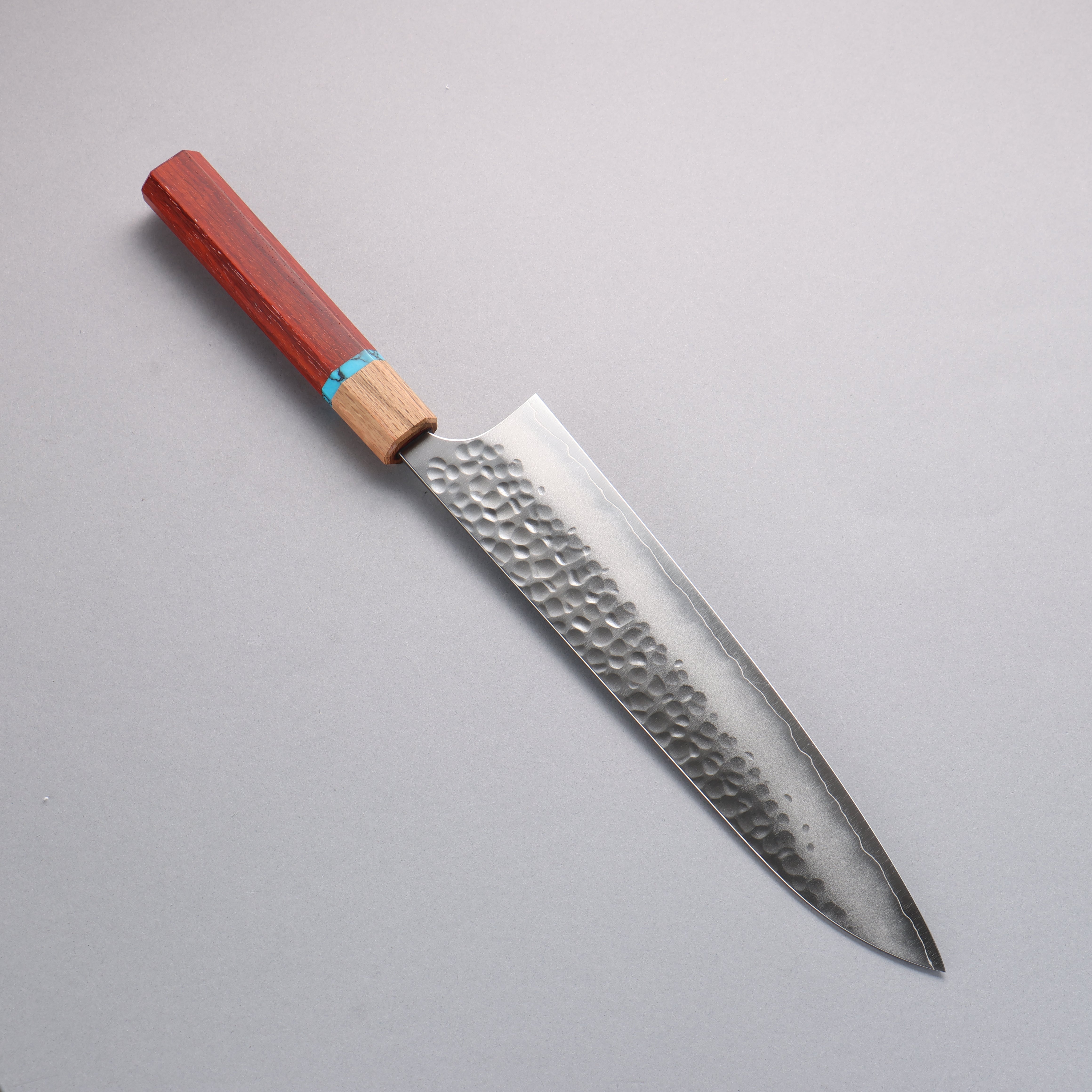 Yoshimi Kato Silver Steel No.3 Maru Hammered Migaki Gyuto 240mm Padoauk & Turquoise Handle - Seisuke Knife