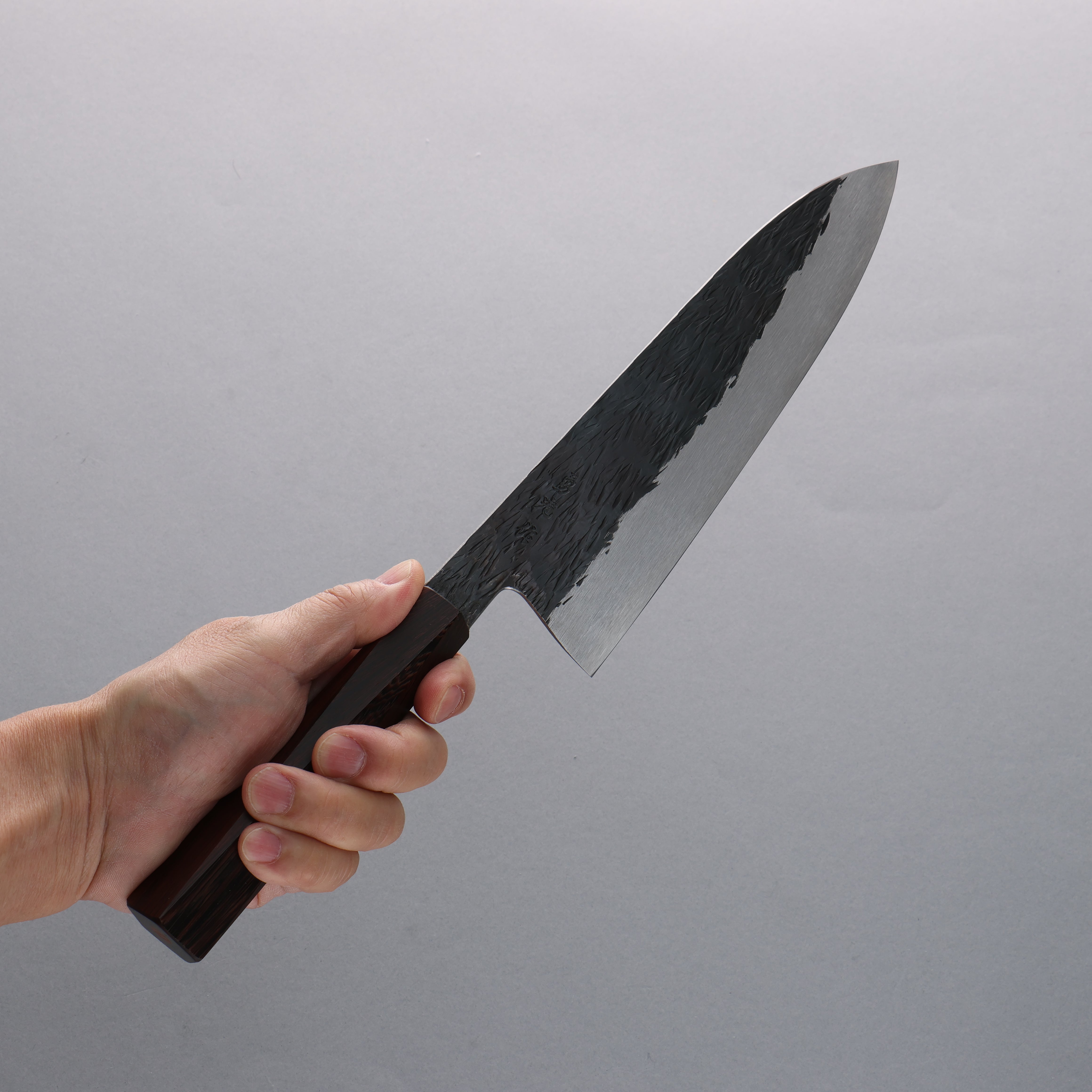Isamitsu Abe Blue Super Hammered Kurouchi Gyuto 210mm Pentagonal Purple Bombay Black Wood Handle - Seisuke Knife