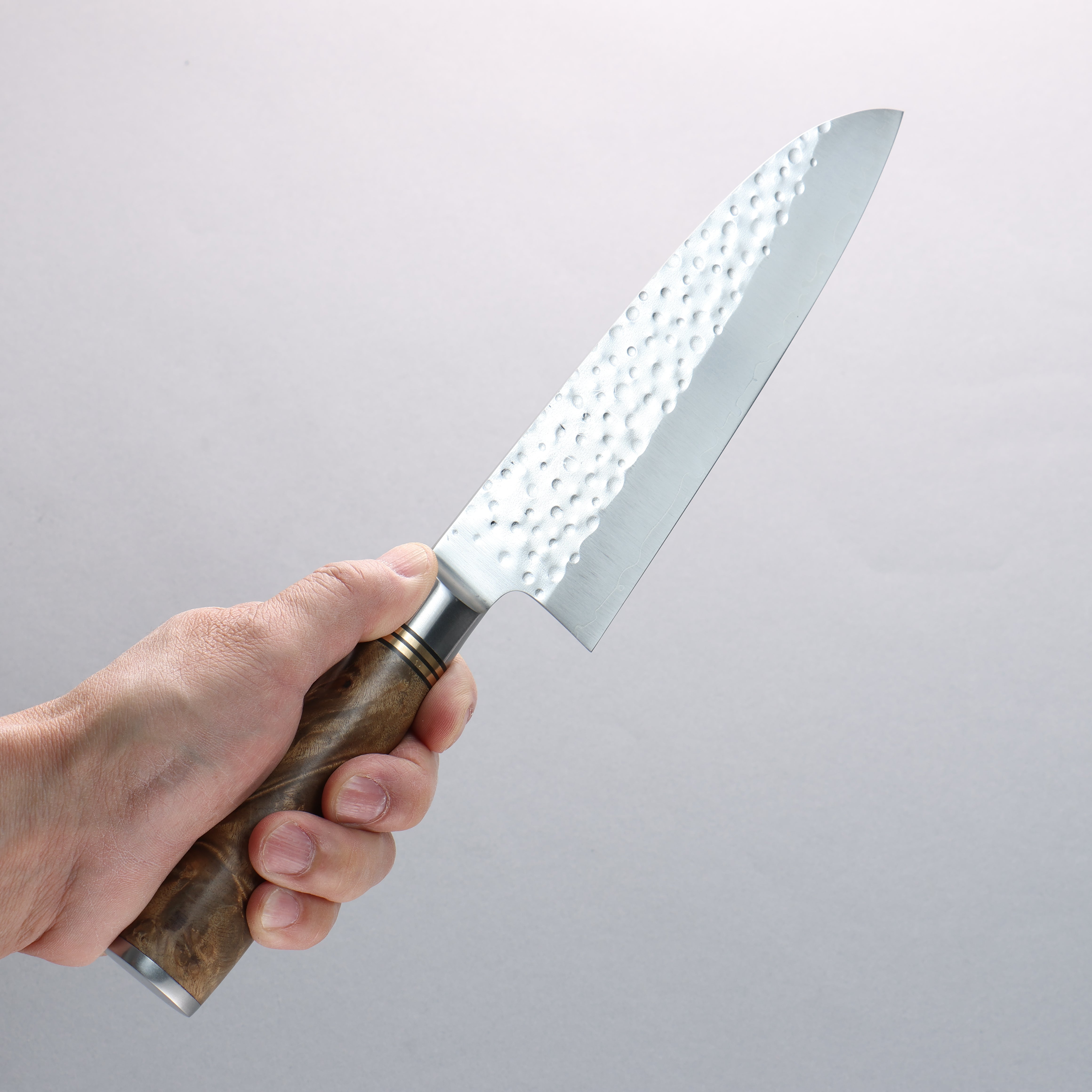 Takeshi Saji SG2 Hammered Maru Santoku 180mm Chinese Quince Burl Handle - Seisuke Knife