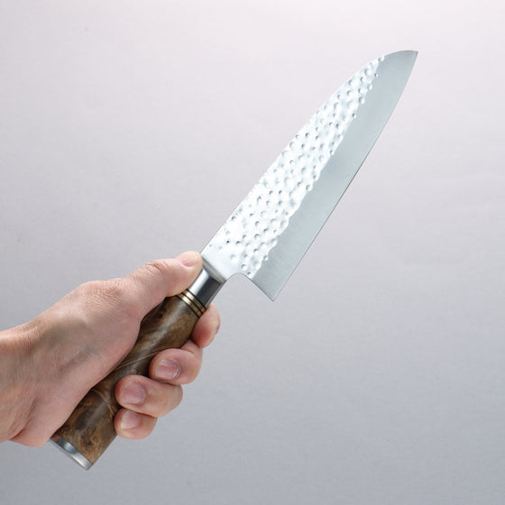 Takeshi Saji SG2 Hammered(Maru) Santoku 180mm Chinese Quince Burl Handle - Seisuke Knife