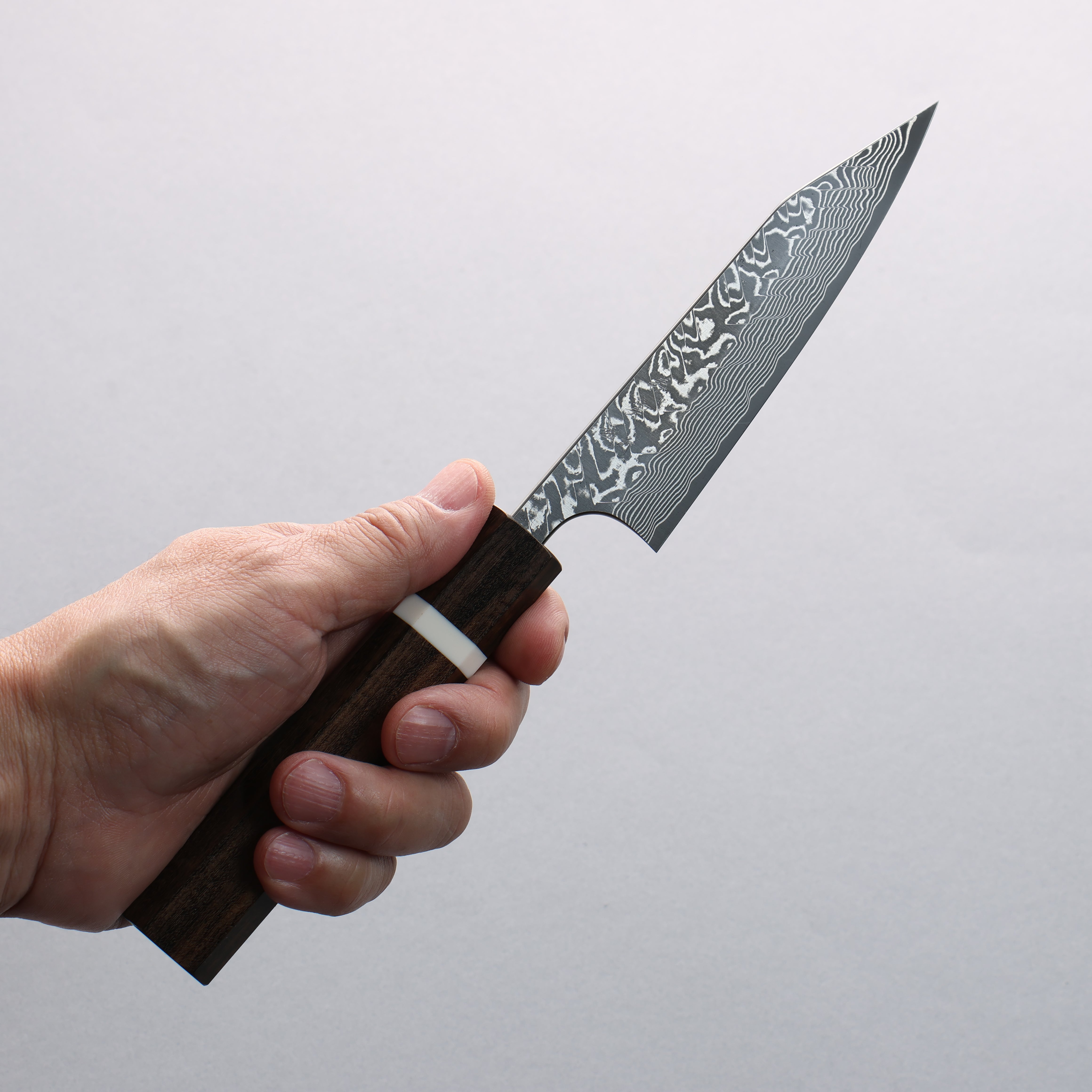Yoshimi Kato SG2 Black Damascus Kiritsuke Petty-Utility 120mm Sandalwood with White Ring Handle - Seisuke Knife