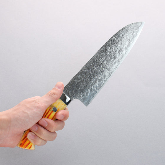 Takeshi Saji SG2 Diamond Finish Damascus Santoku 180mm Orange Cow Bone Handle - Seisuke Knife