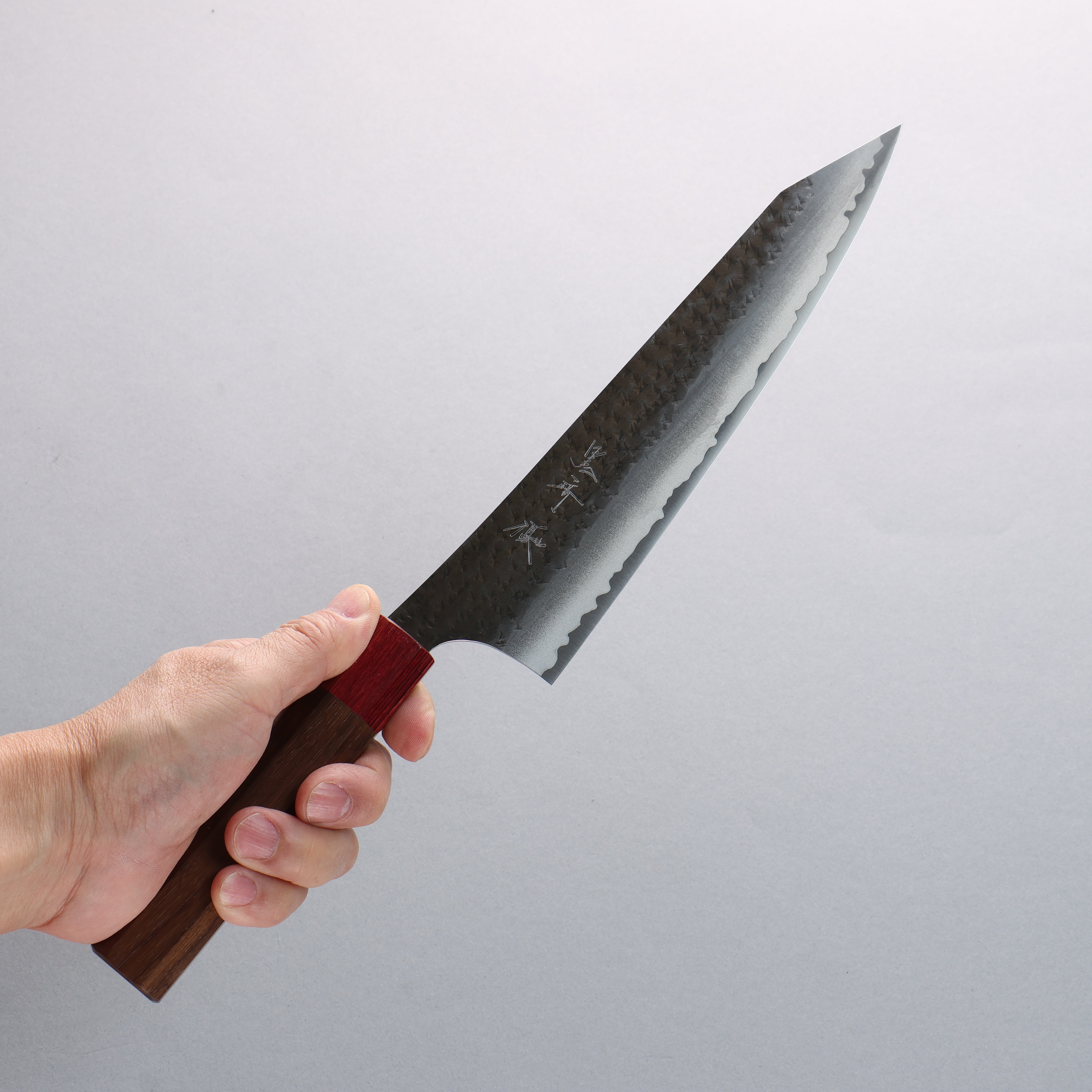 Yu Kurosaki Senko Ei Blue Super Hammered Kurouchi Gyuto 210mm Shitan & Red Pakkawood Handle - Seisuke Knife