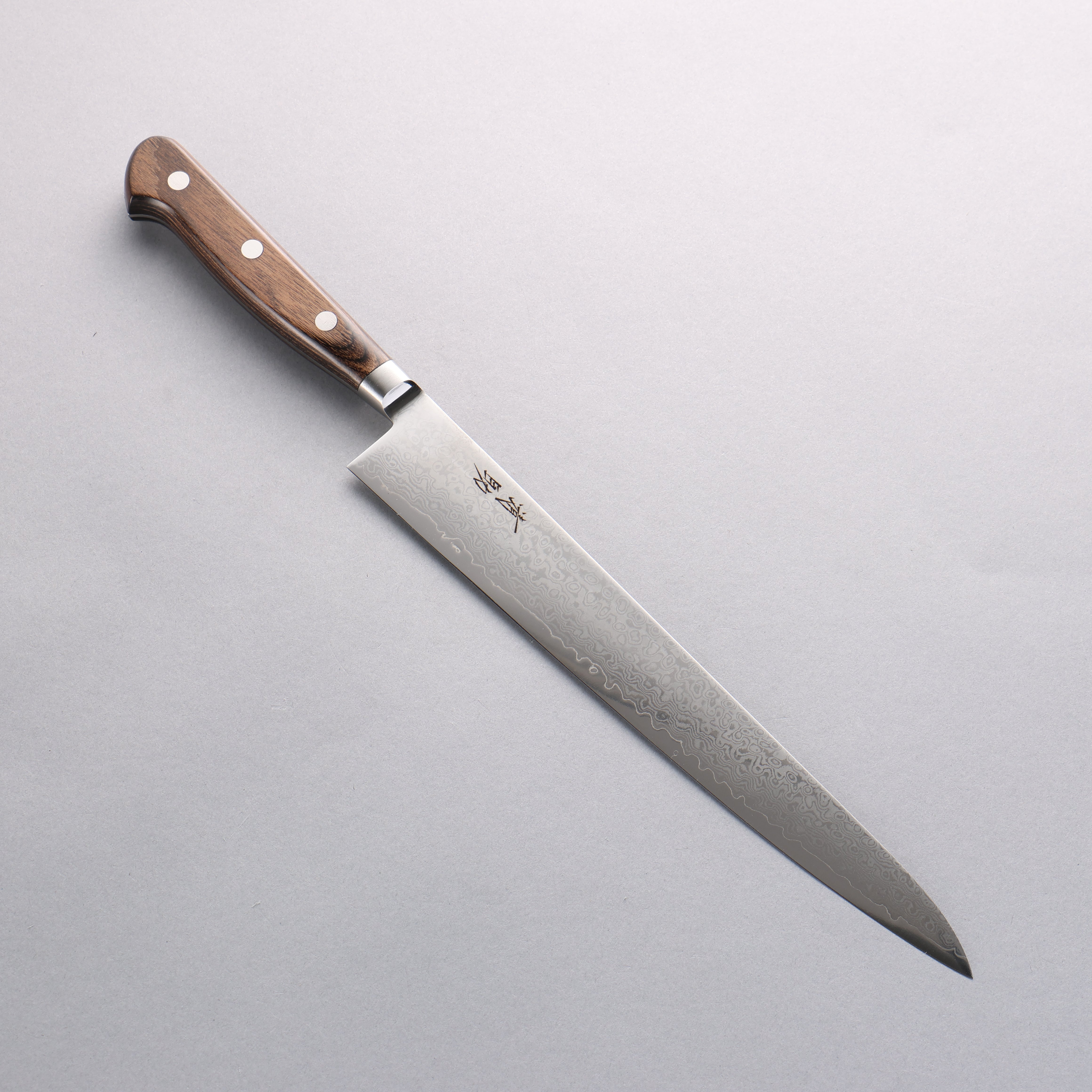 Seisuke VG10 33 Layer Mirrored Finish Damascus Sujihiki 240mm Brown Pakkawood Handle - Seisuke Knife
