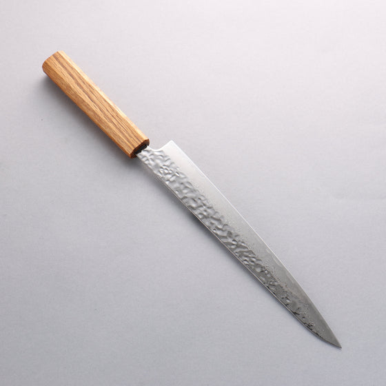 Seisuke Tsukikage AUS10 Migaki Finished Hammered Damascus Sujihiki 240mm Oak Handle - Seisuke Knife