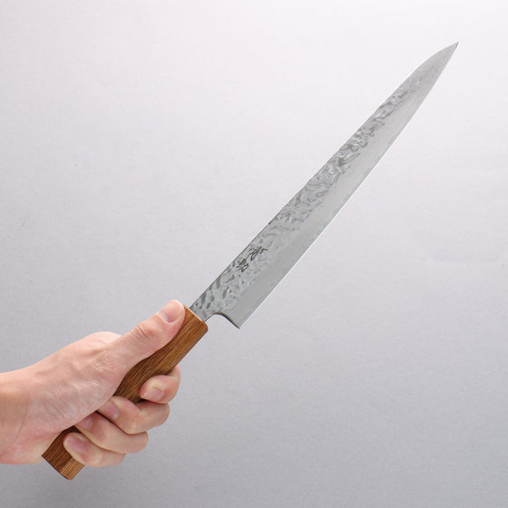 Seisuke Tsukikage AUS10 Migaki Finished Hammered Damascus Sujihiki 240mm Oak Handle - Seisuke Knife