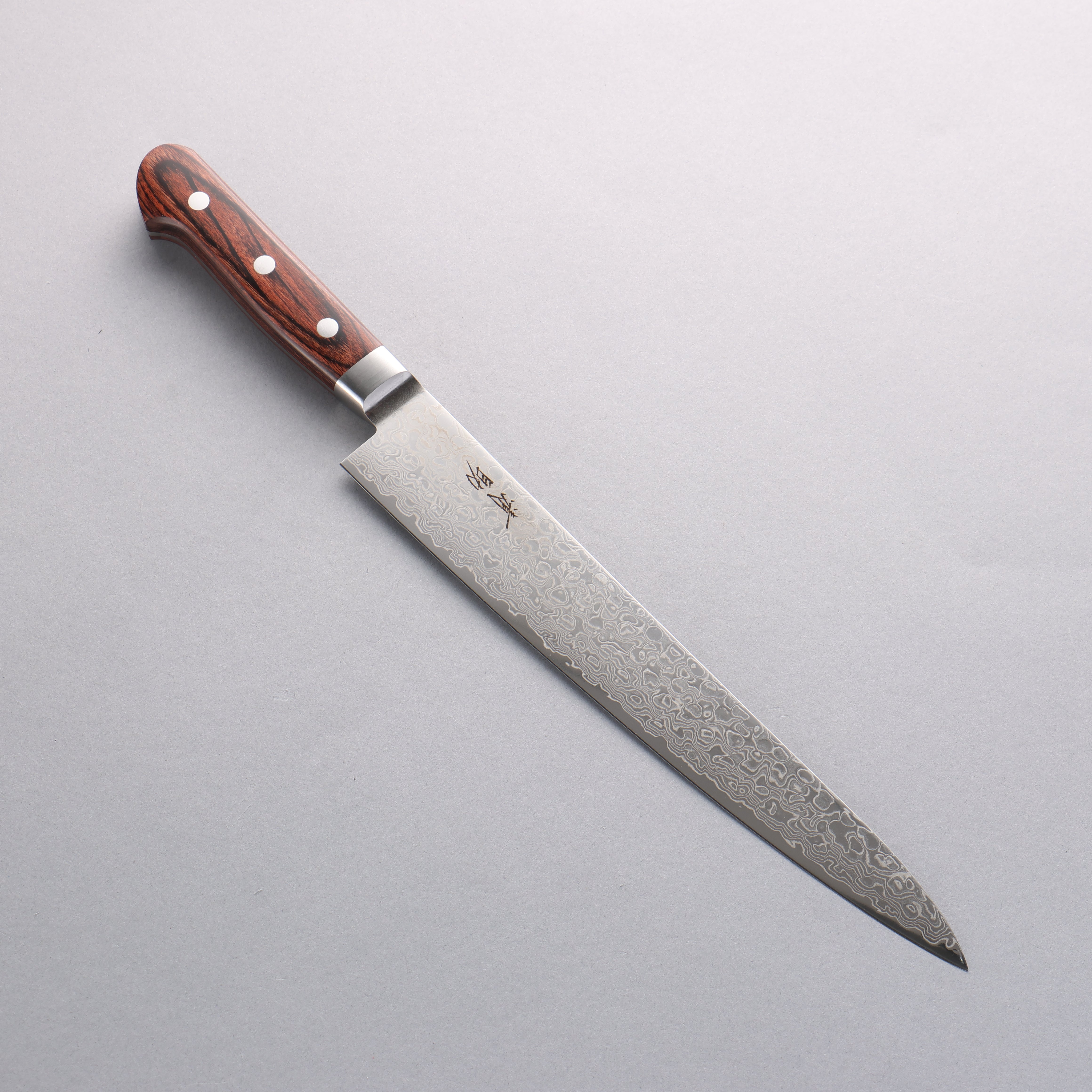 Seisuke Mokusei ZA-18 Mirrored Finish Damascus Sujihiki 240mm Brown Pakkawood Handle - Seisuke Knife