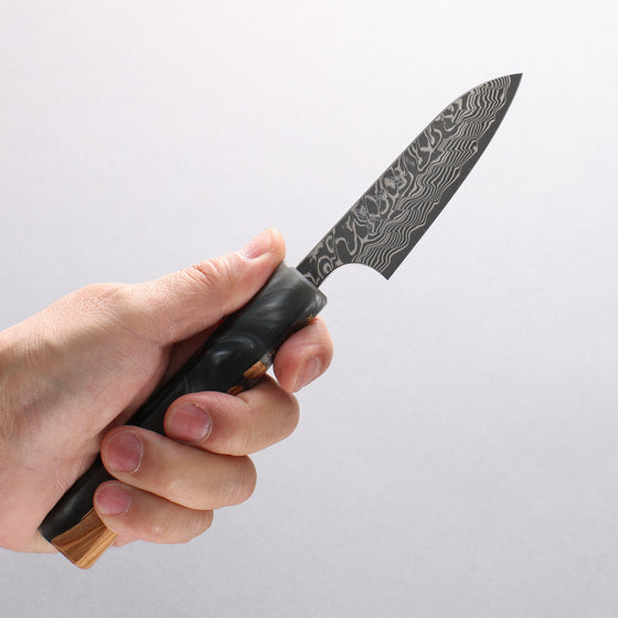 Yoshimi Kato SG2 Black Damascus Petty-Utility 80mm Olive Tree and Black/White Marble Resin Handle - Seisuke Knife