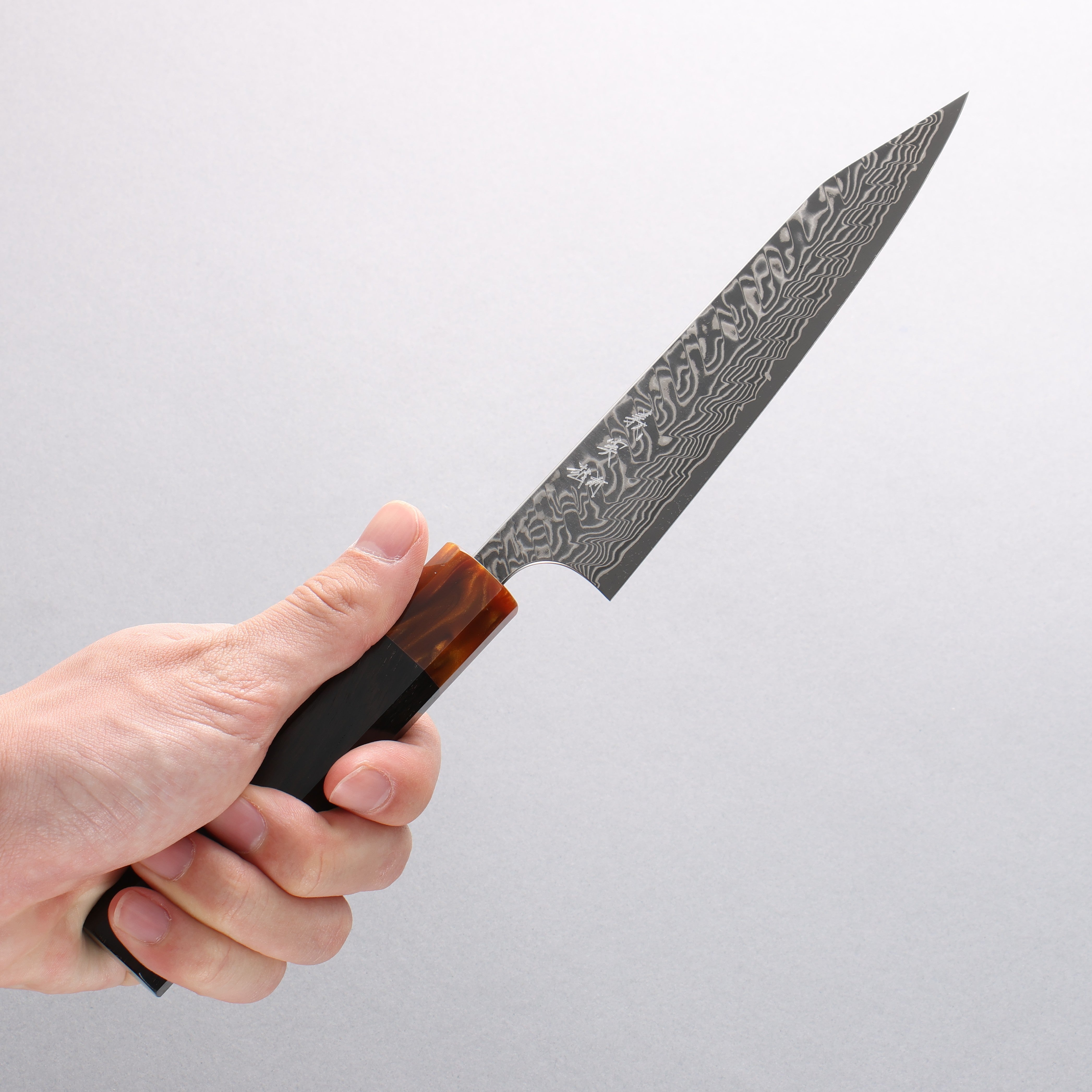 Yoshimi Kato SG2 Black Damascus Kiritsuke Petty-Utility 150mm Ebony Wood & Orange Resin Handle - Seisuke Knife