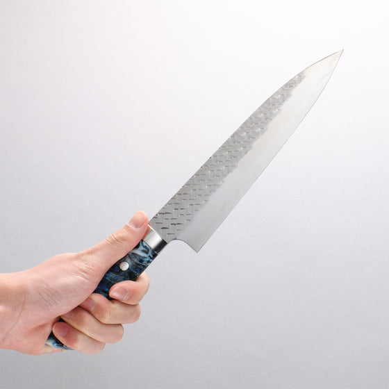 Takeshi Saji SPG STRIX Hammered Migaki Finished Gyuto 210mm White Blue Black Acrylic Handle - Seisuke Knife