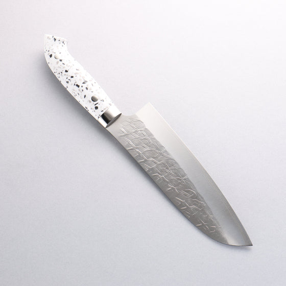 Takeshi Saji New Nomura Style SRS13 Hammered Santoku 180mm White Terrazzo Handle - Seisuke Knife