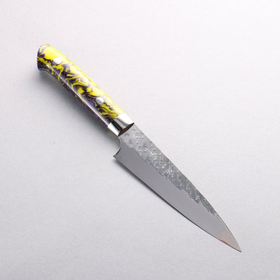 Takeshi Saji SPG STRIX Hammered Migaki Finished Petty-Utility 130mm Purple and Yellow Marble Acrylic Handle - Seisuke Knife