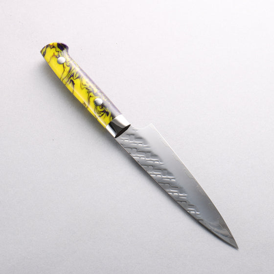 Takeshi Saji SPG STRIX Hammered Migaki Finished Petty-Utility 130mm Purple and Yellow Marble Acrylic Handle - Seisuke Knife