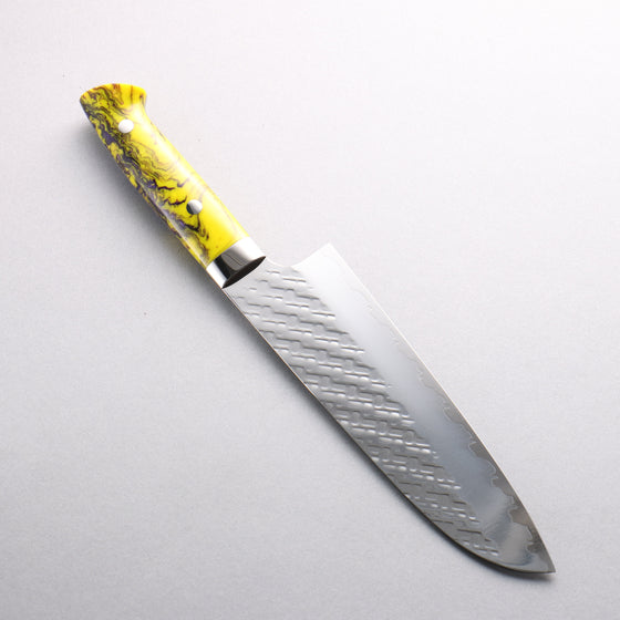 Takeshi Saji SPG STRIX Hammered Migaki Finished Santoku 180mm Purple and Yellow Marble Acrylic Handle - Seisuke Knife