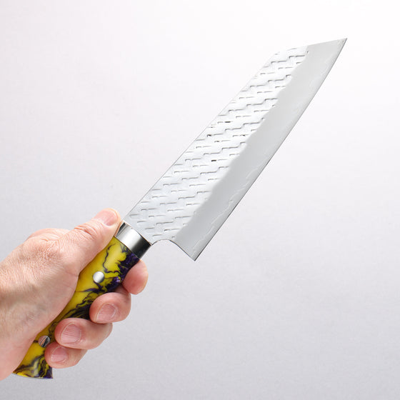 Takeshi Saji SPG STRIX Hammered Migaki Finished Bunka 180mm Purple and Yellow Marble Acrylic Handle - Seisuke Knife