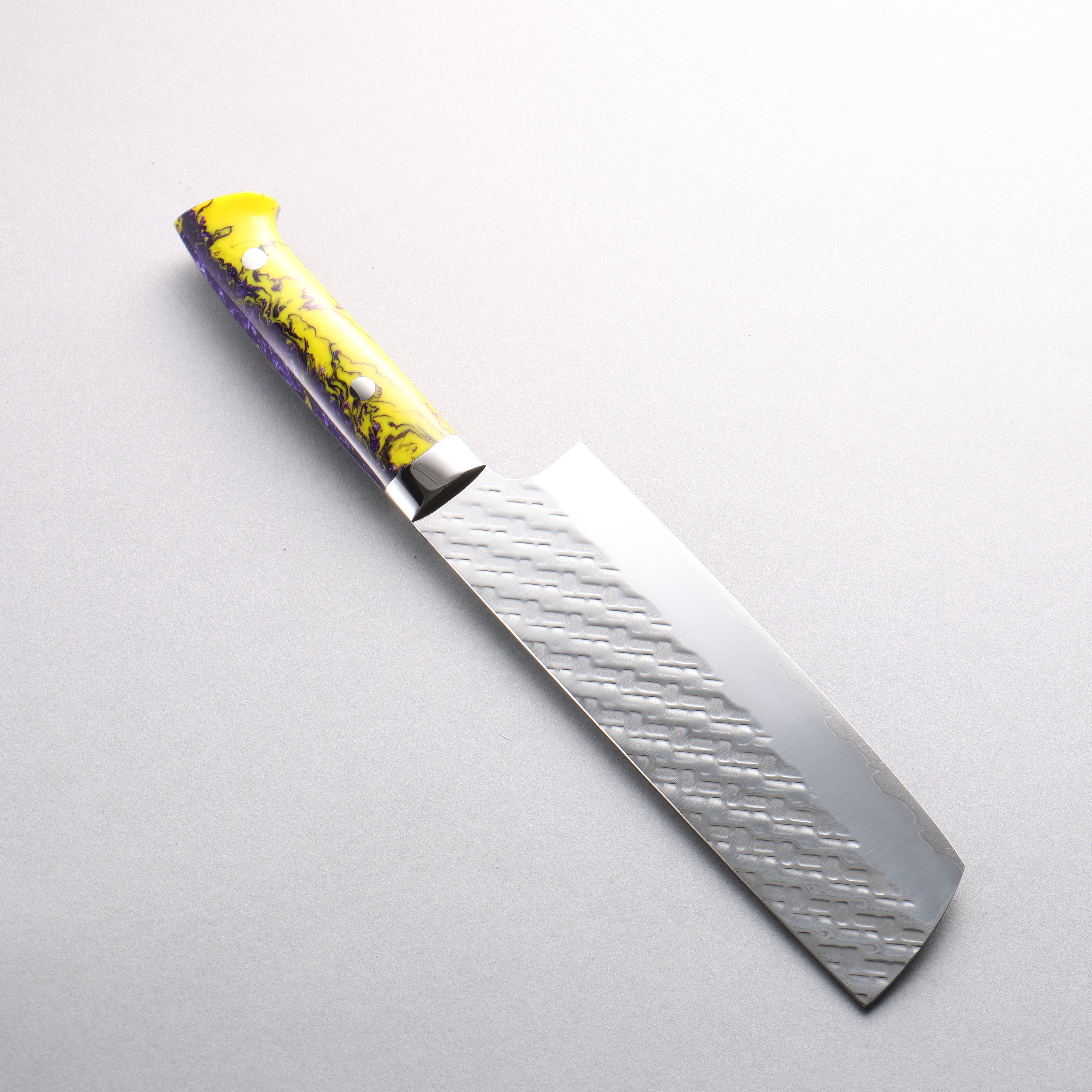Takeshi Saji SPG STRIX Hammered Migaki Finished Nakiri 165mm Purple and Yellow Marble Acrylic Handle - Seisuke Knife