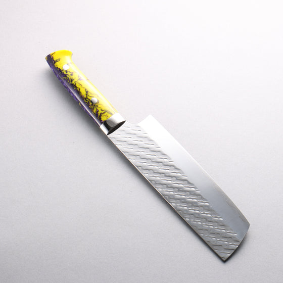 Takeshi Saji SPG STRIX Hammered Migaki Finished Nakiri 165mm Purple and Yellow Marble Acrylic Handle - Seisuke Knife