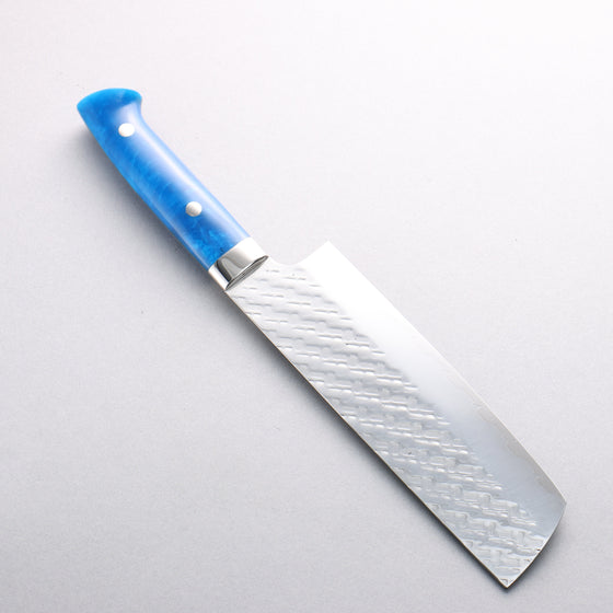 Takeshi Saji SPG STRIX Hammered Migaki Finished Nakiri 165mm Blue Acrylic Handle - Seisuke Knife