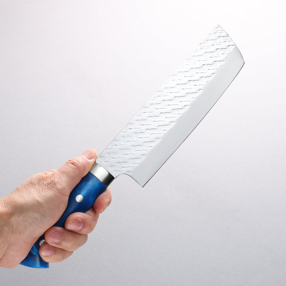 Takeshi Saji SPG STRIX Hammered Migaki Finished Nakiri 165mm Blue Acrylic Handle - Seisuke Knife