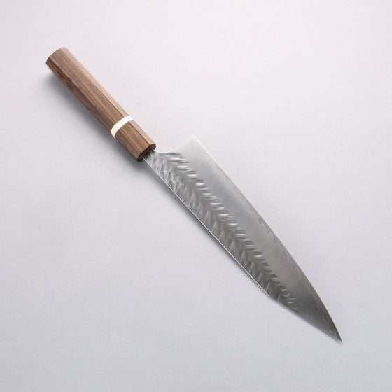 Yoshimi Kato SPG STRIX Hammered (V) Kiritsuke Gyuto 240mm Sandalwood with White Ring Handle - Seisuke Knife