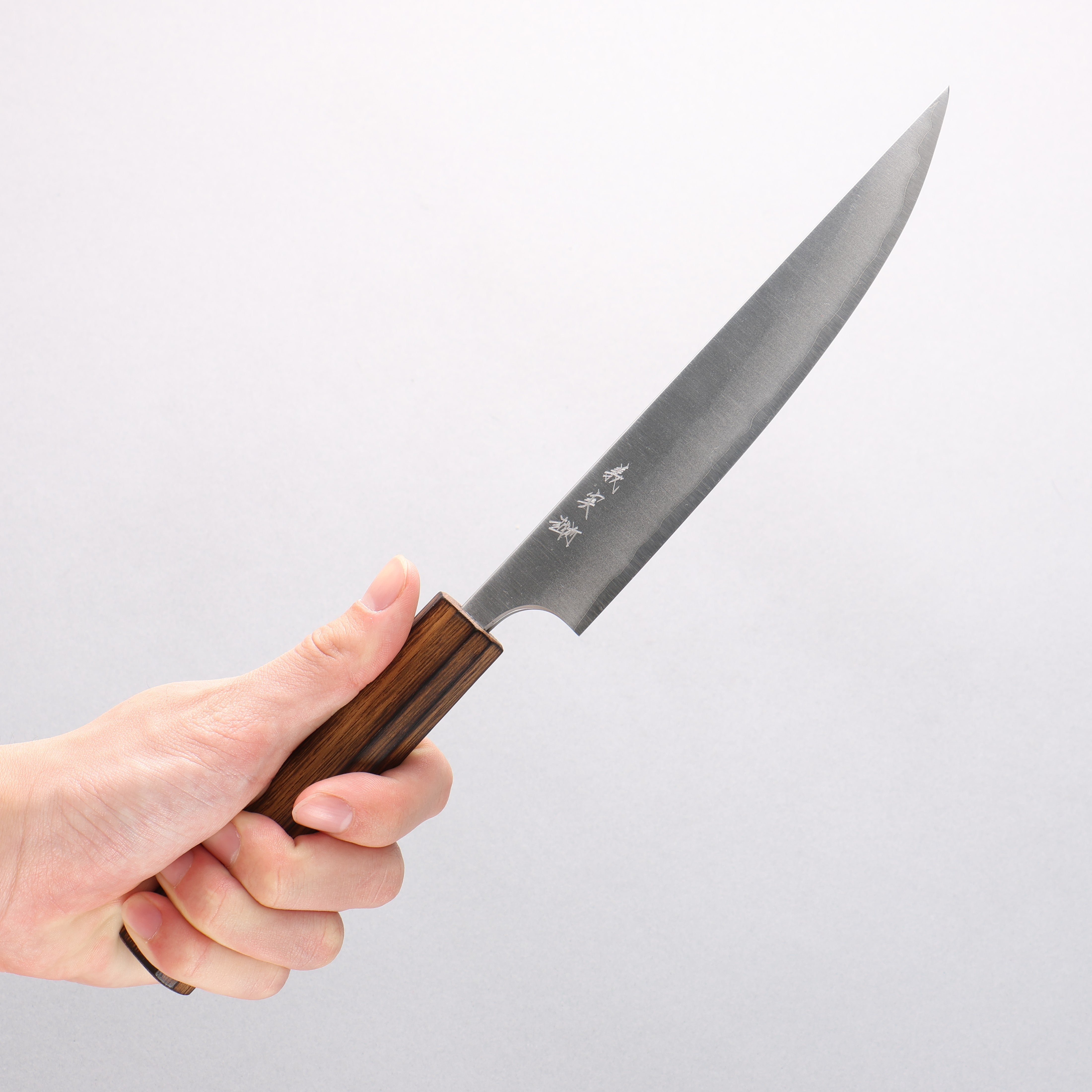 Yoshimi Kato Blue Super Nashiji Kengata Petty-Utility 170mm Burnt Oak (Lacquered) Handle - Seisuke Knife